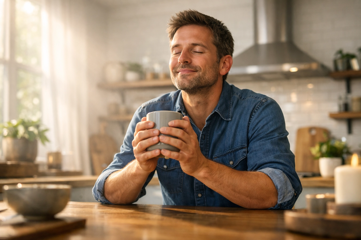 A man finding a quiet moment of prayerful rest in a bright kitchen, receiving spiritual strength from God.