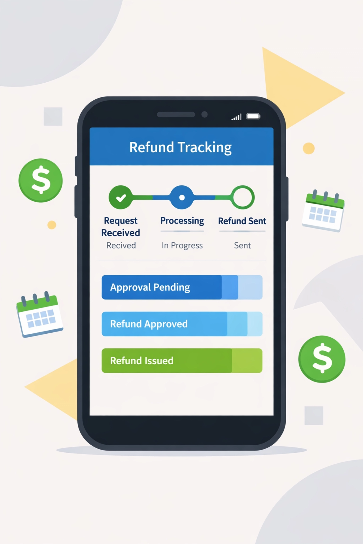 Smartphone displaying IRS Where's My Refund tracking tool with three progress stages