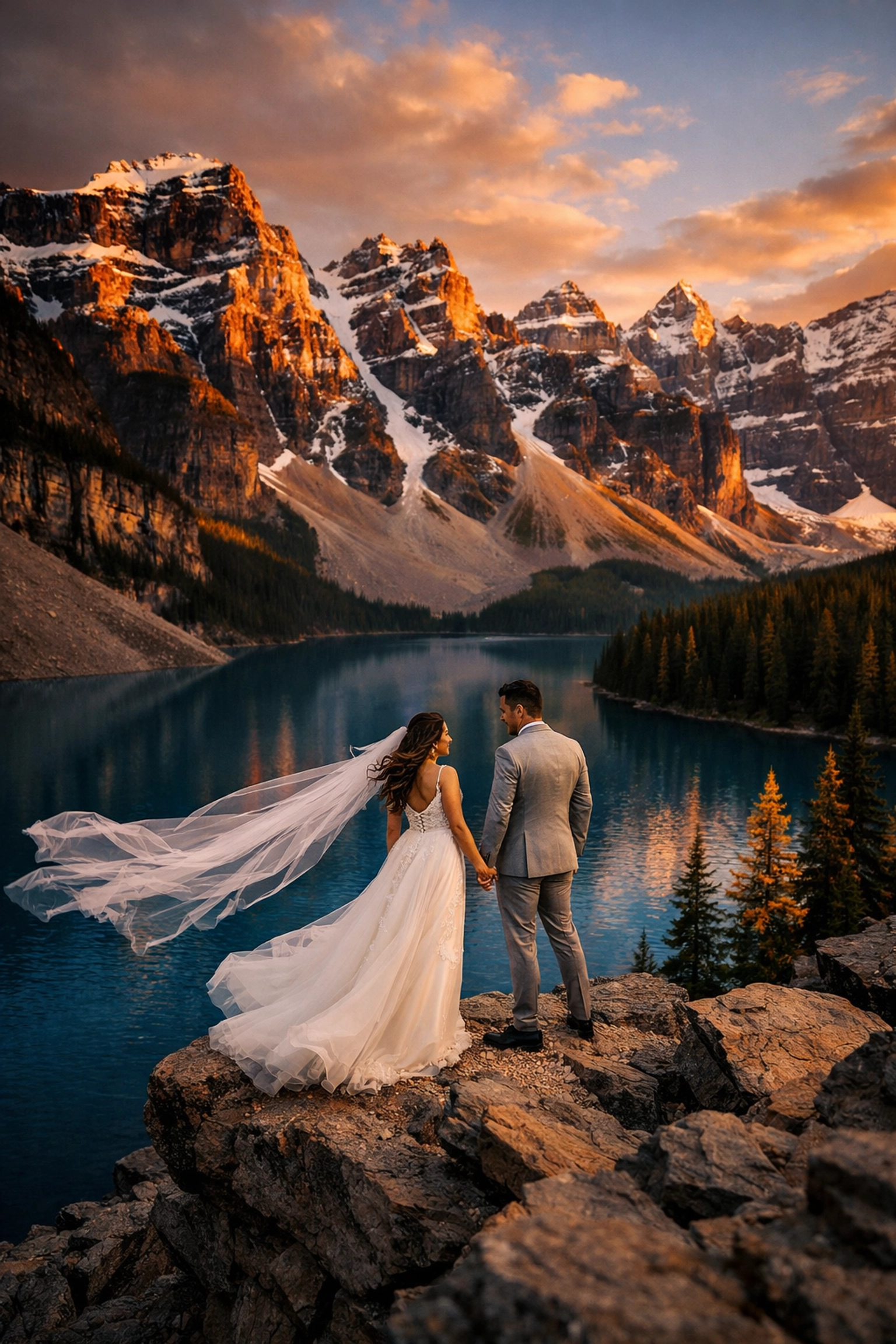 Bride and groom during a sunset Moraine Lake elopement with turquoise water and the Valley of the Ten Peaks.