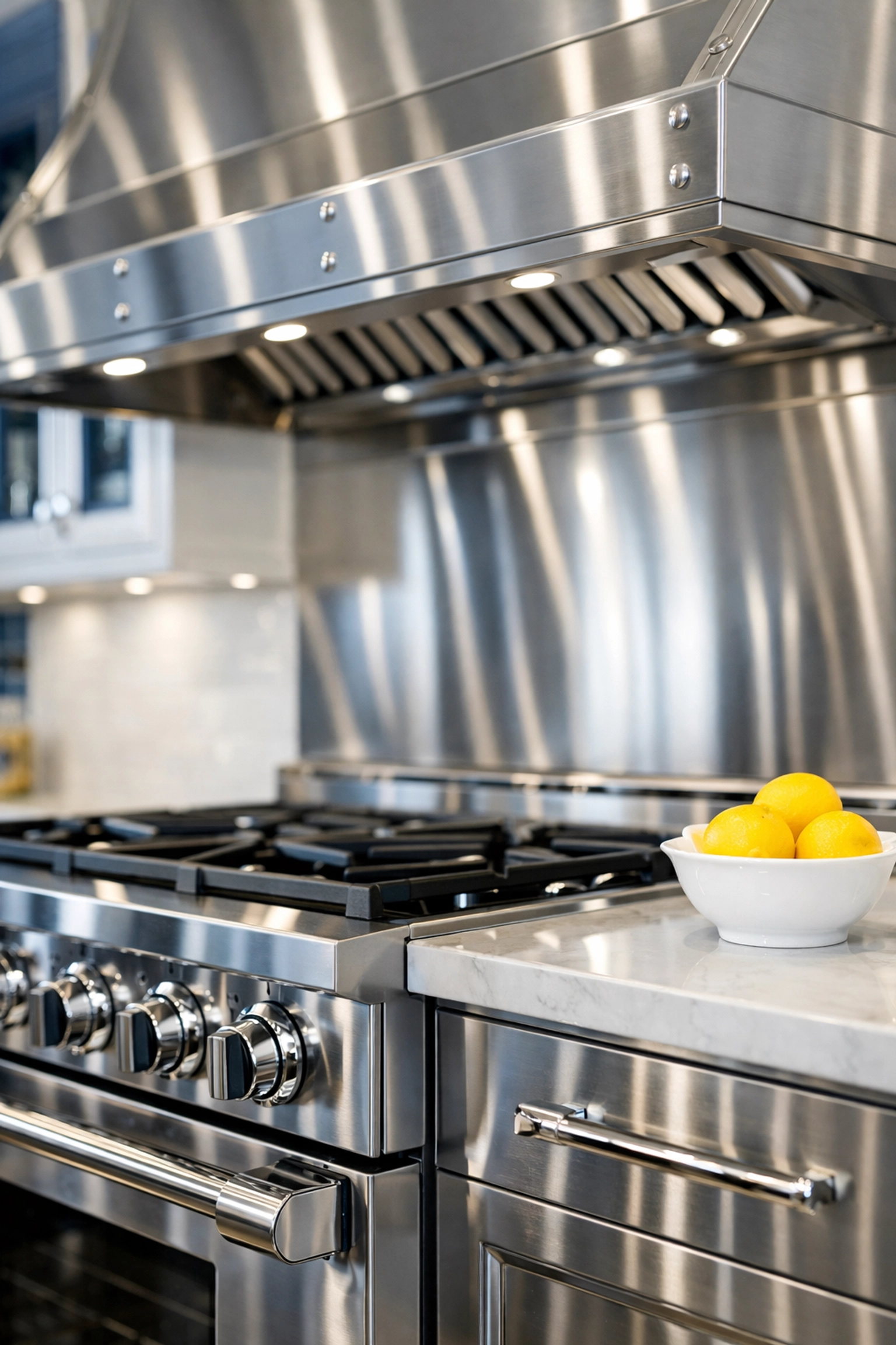 Polished stainless steel kitchen range showing the results of professional cleaners Wellesley MA.