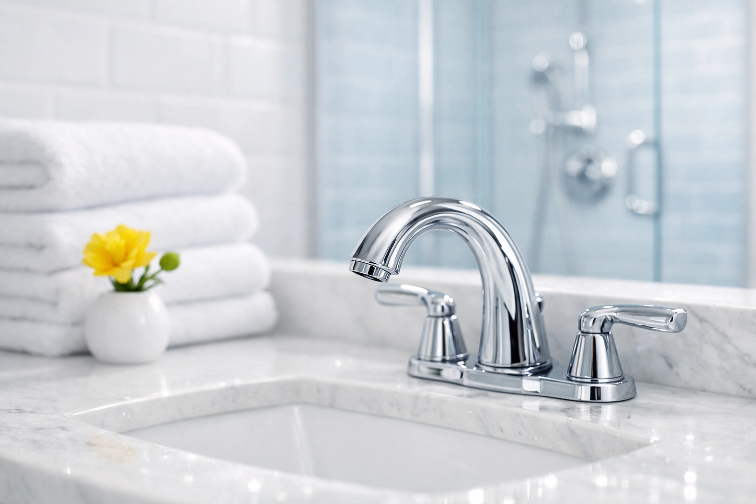 Luxury bathroom with sparkling chrome fixtures and marble counter for move-out cleaning Worcester MA.