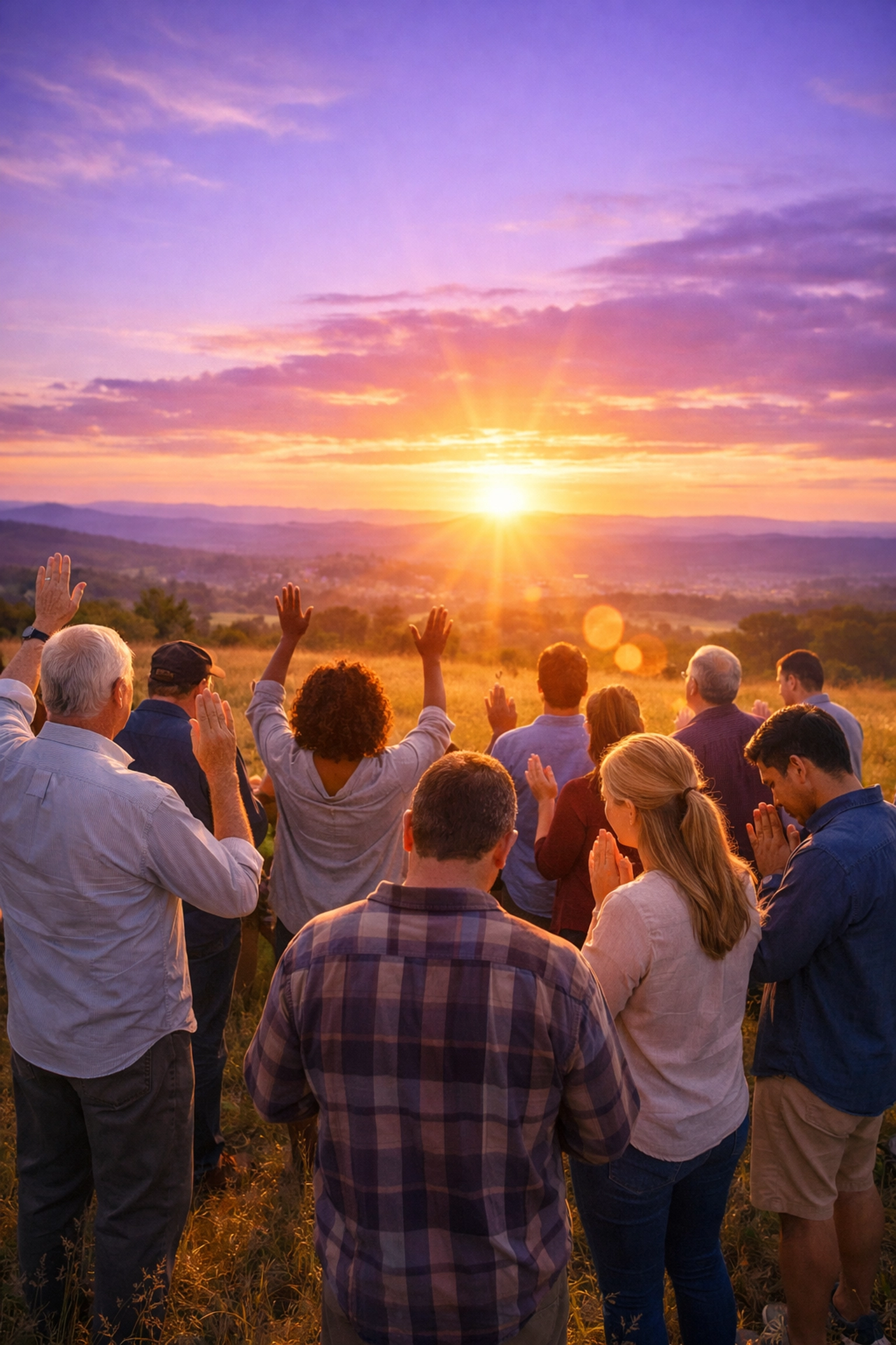 Diverse group in communal worship at sunset, illustrating a global mission of faith and devotion to Jesus.