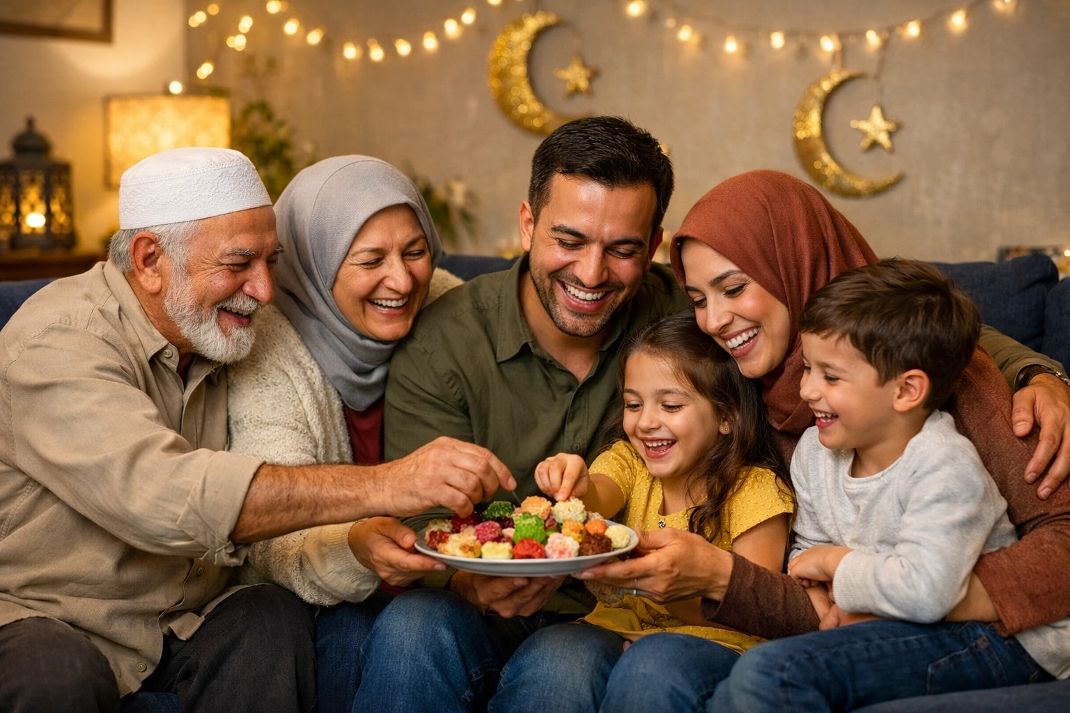 A family gathering for Eid in a safe home, representing the peace of mind from family protection insurance.