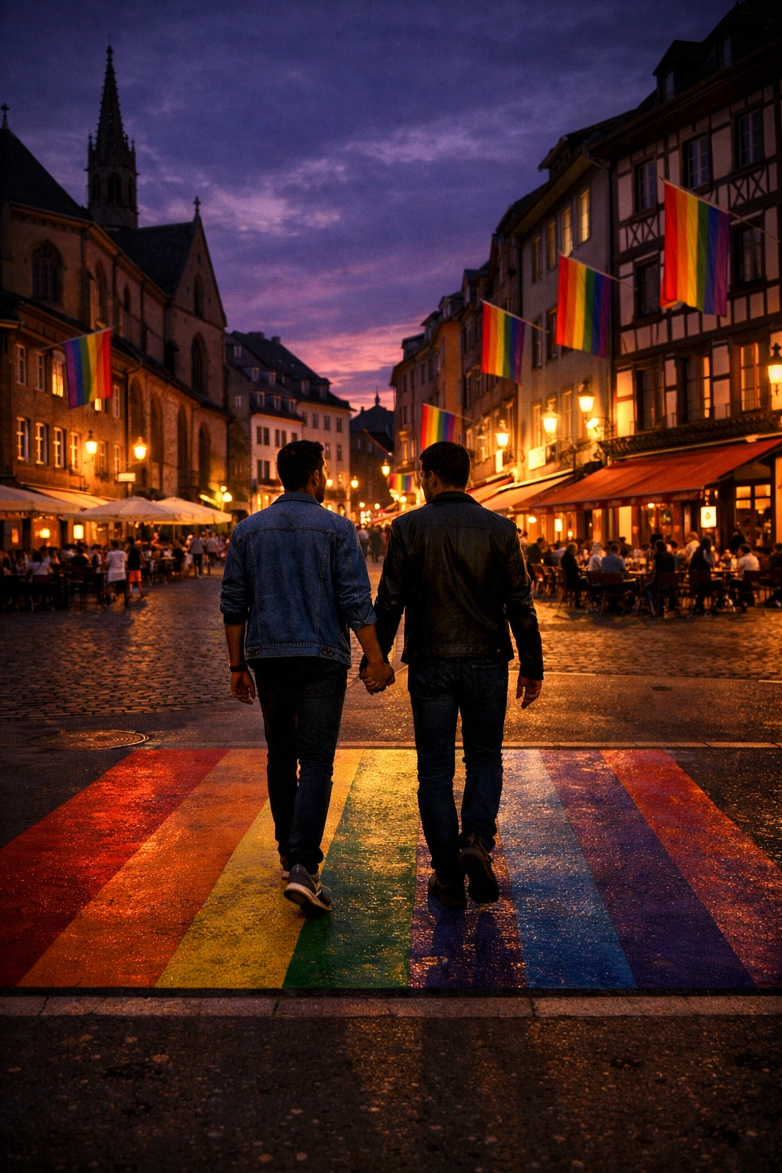 Two men holding hands crossing rainbow crosswalk in Basel during Pride season