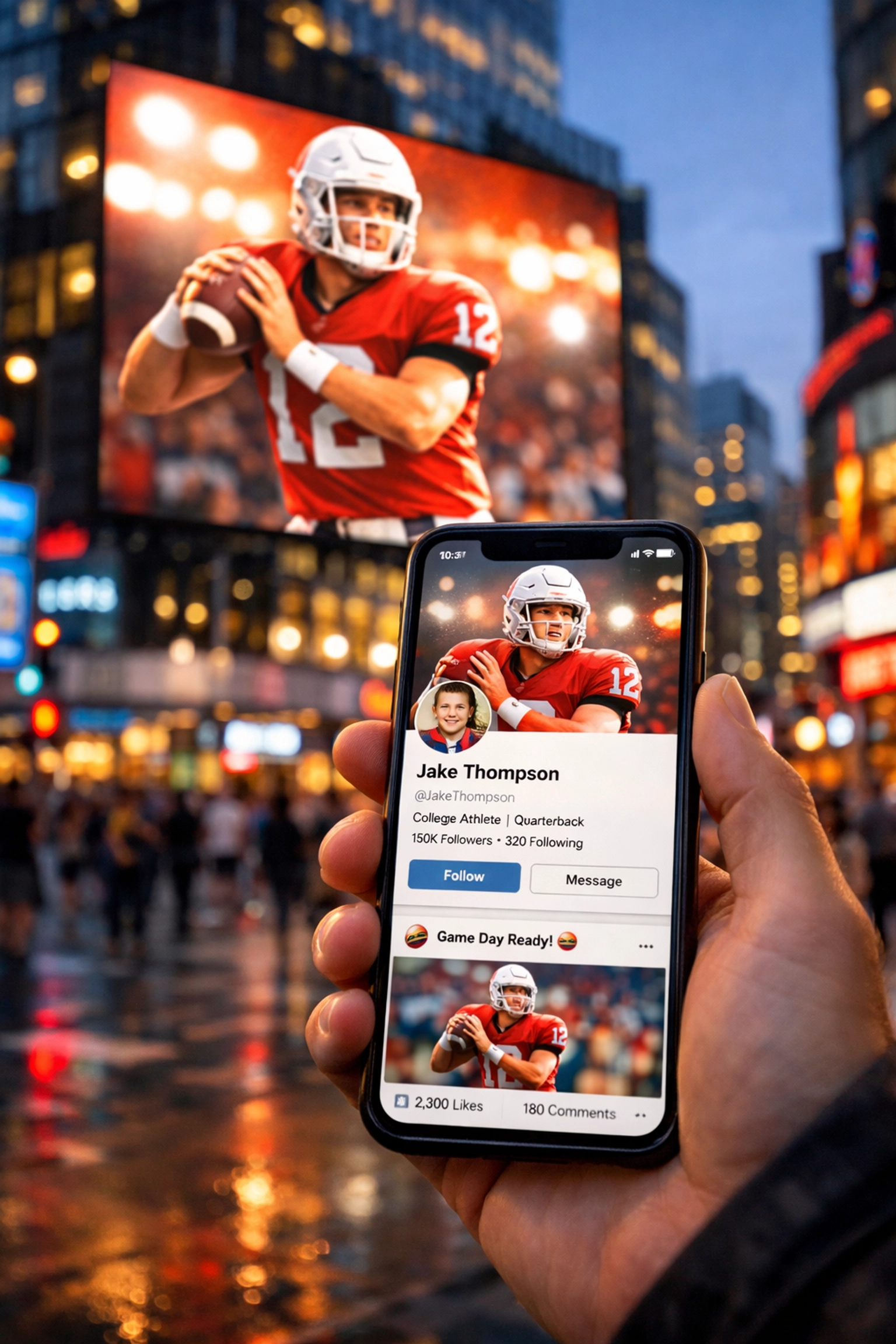 Integrated NIL campaign showing a student-athlete on a smartphone and an urban digital billboard.