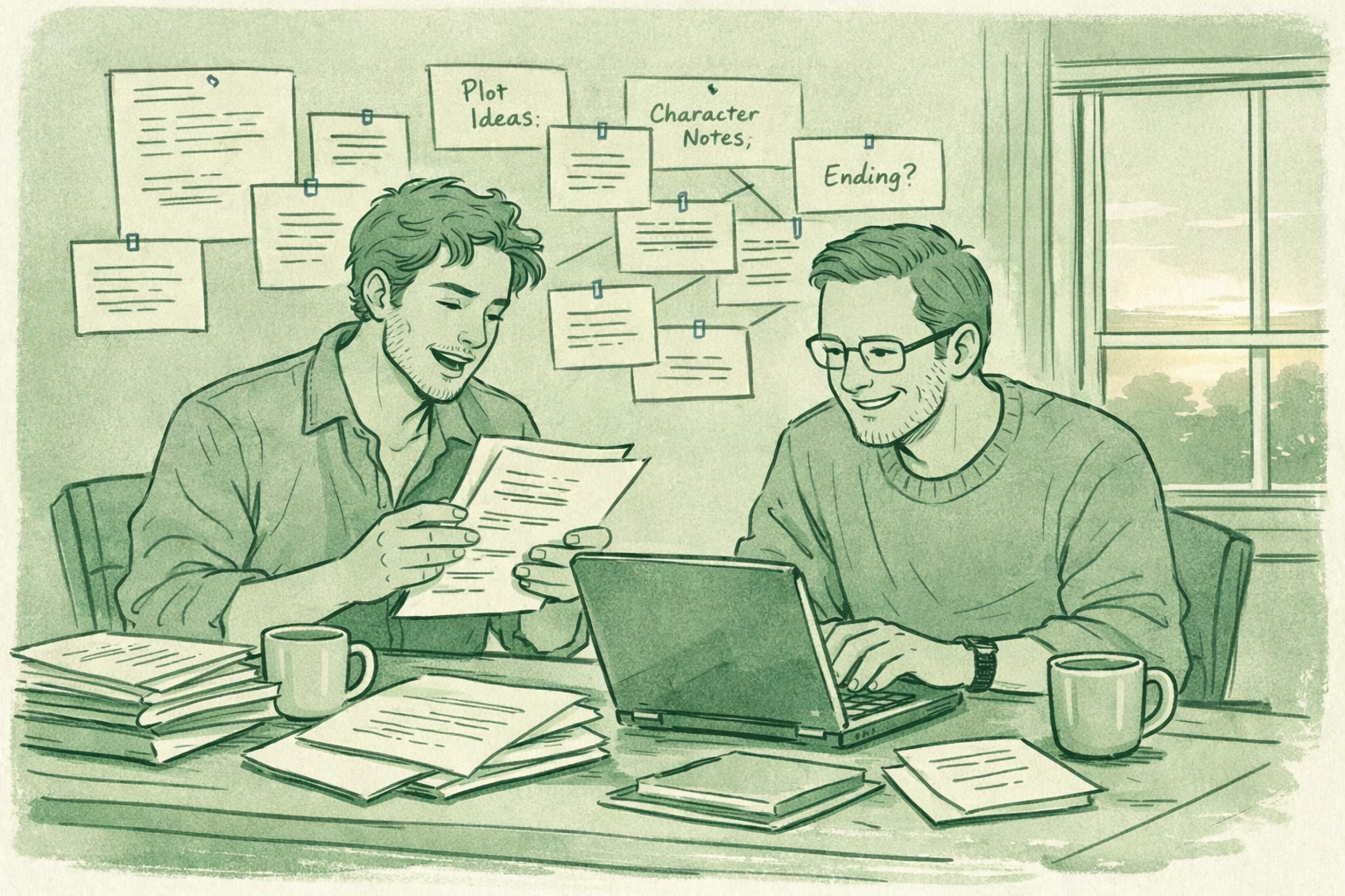 Two queer authors write gay fiction manuscripts together, illustrating LGBTQ+ creative partnership