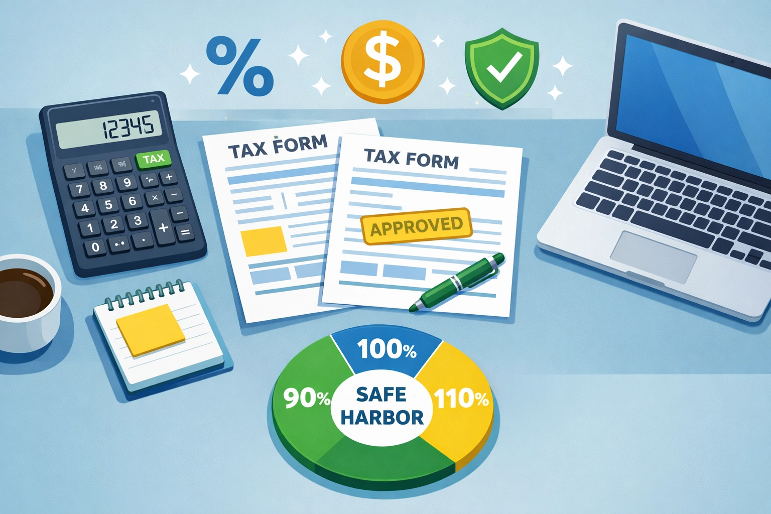 Tax calculator and forms showing safe harbor percentages for estimated tax payments