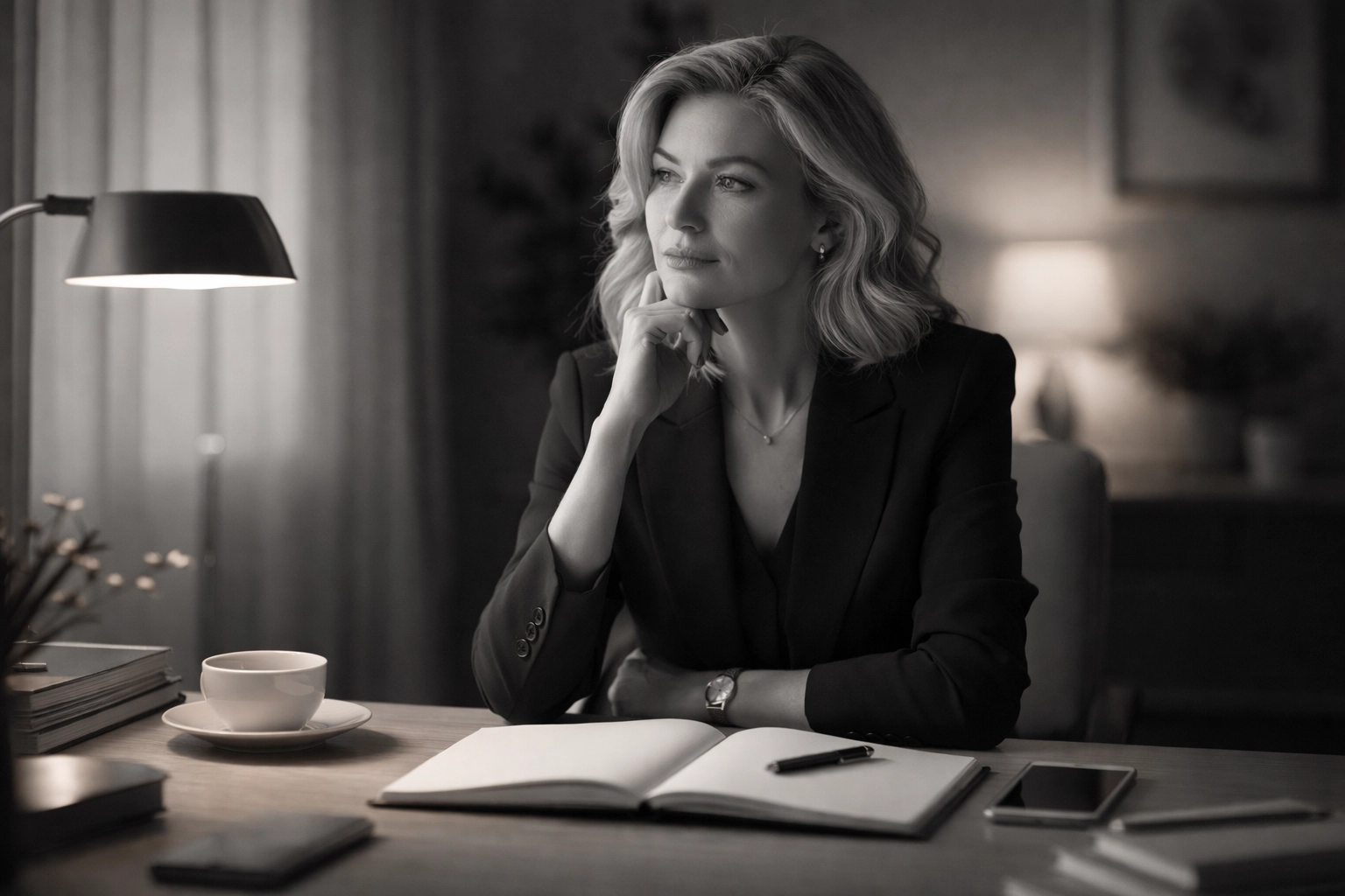 Femme leader au bureau le soir, lumière douce, ambiance introspective Femme leader au bureau le soir, lumière douce, ambiance introspective