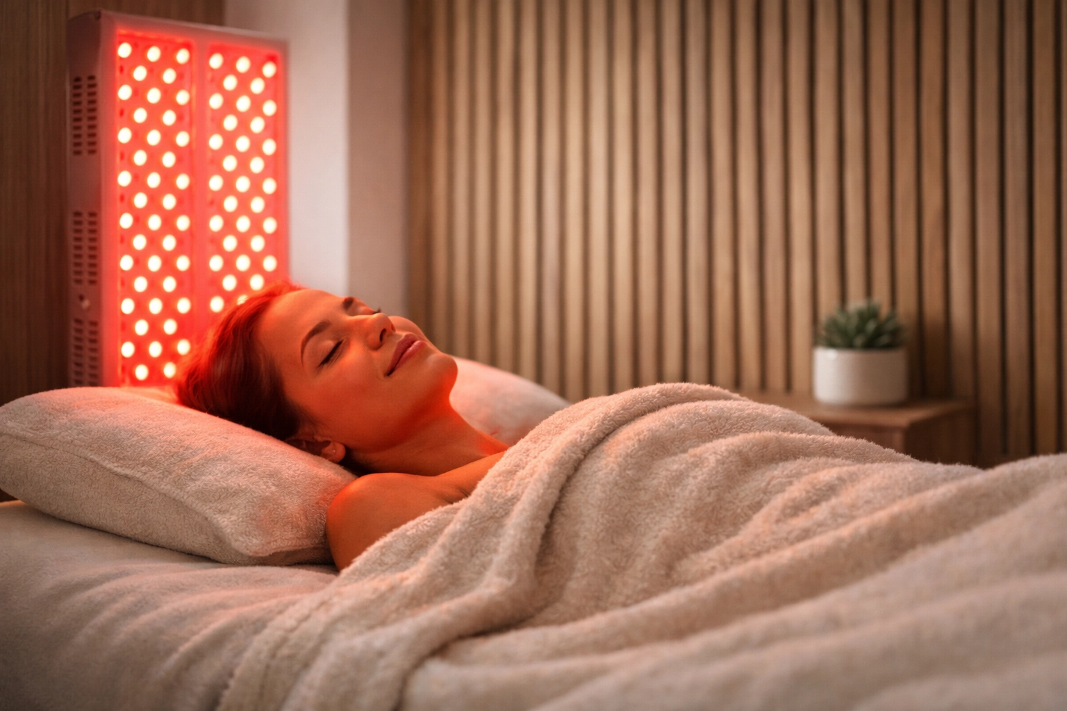 Red light therapy treatment in a tranquil wellness lounge setting for natural recovery and pain relief.