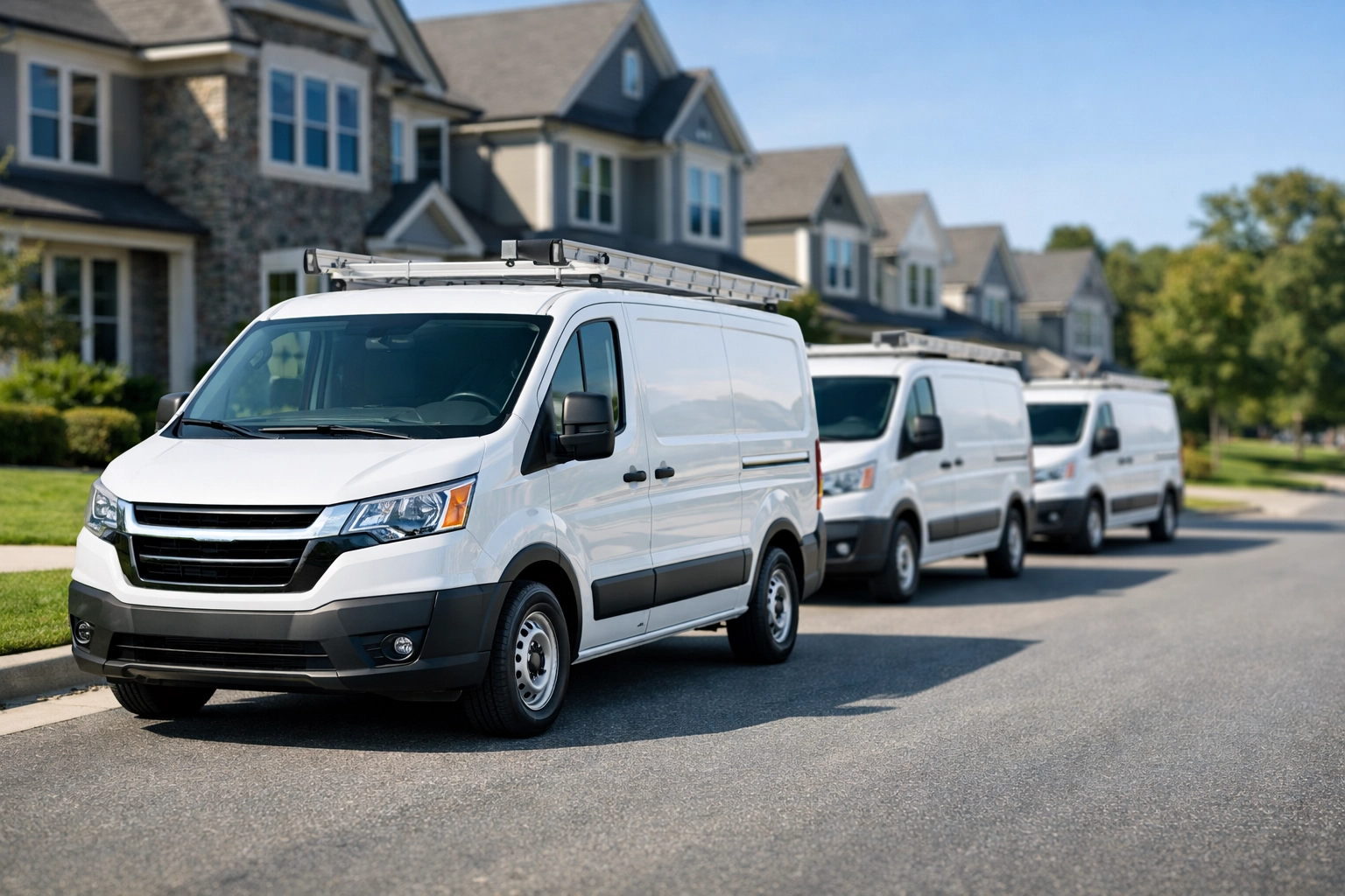 Fleet of home services franchise vans in a Raleigh neighborhood showing efficient route density.