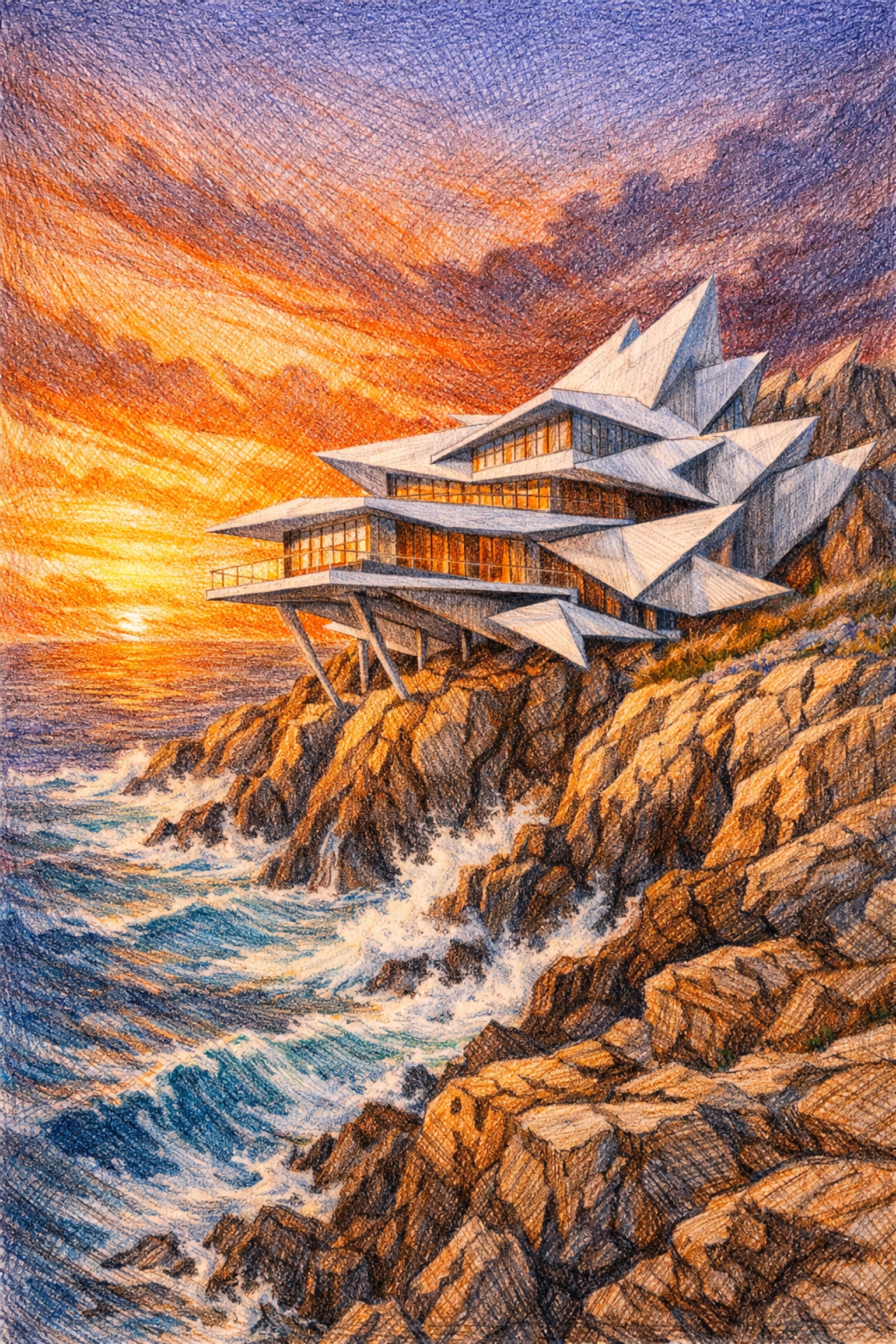 Sustainable hotel architecture with angular white structures harmonizing with a rocky coastal landscape.