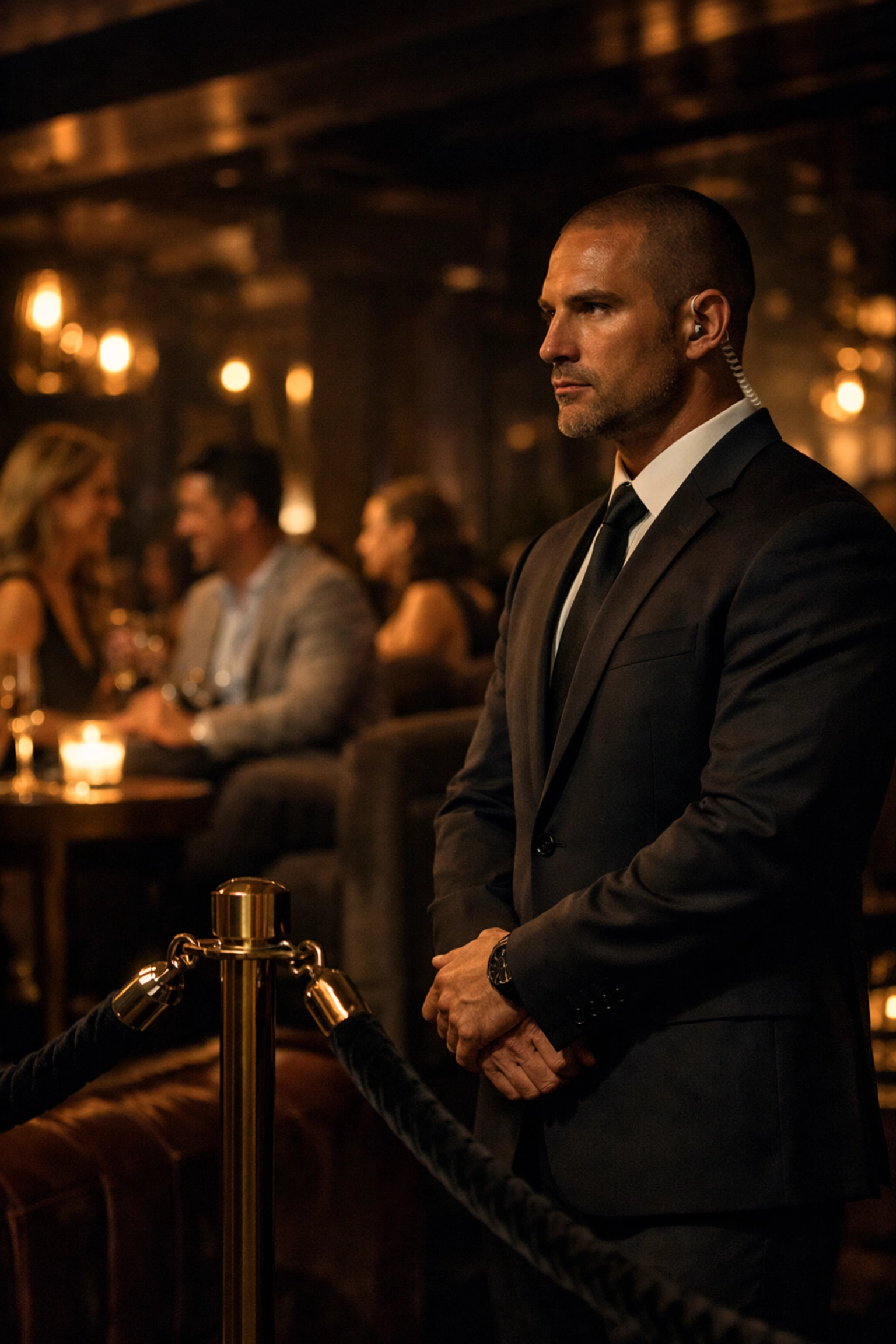 Discreet 911 Medellin bodyguard providing VIP protection in a high-end El Poblado nightclub lounge.