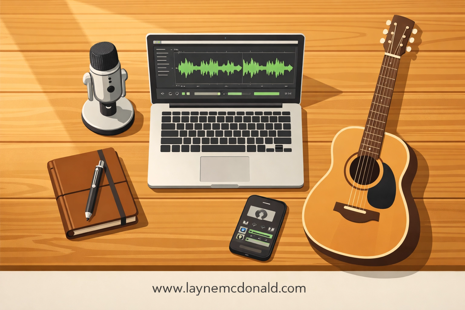 Home music studio setup with laptop, microphone, guitar, and journal for faith-based worship music creation