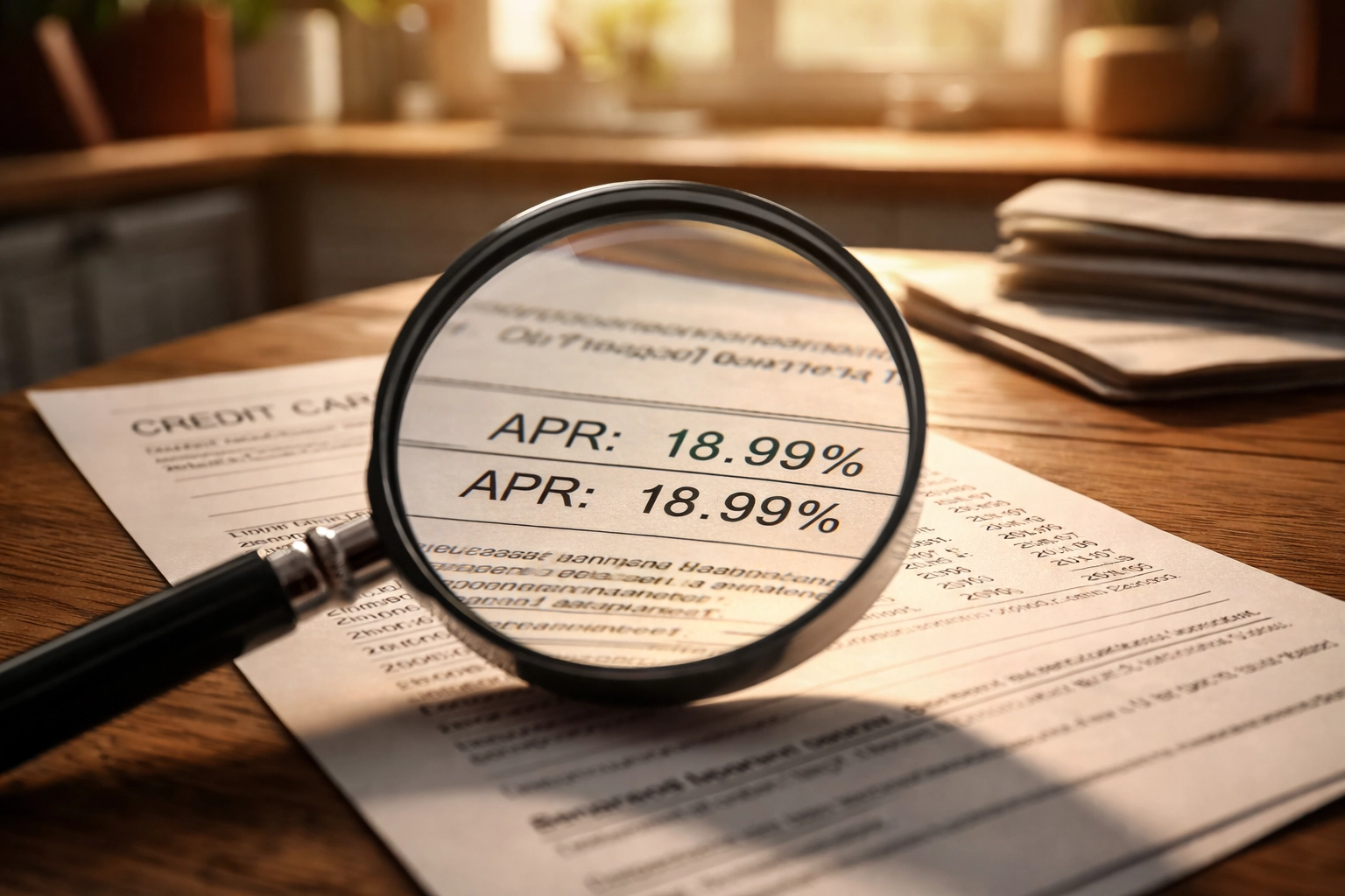 Magnifying glass revealing tiny APR percentage change on credit card statement after Fed rate cut