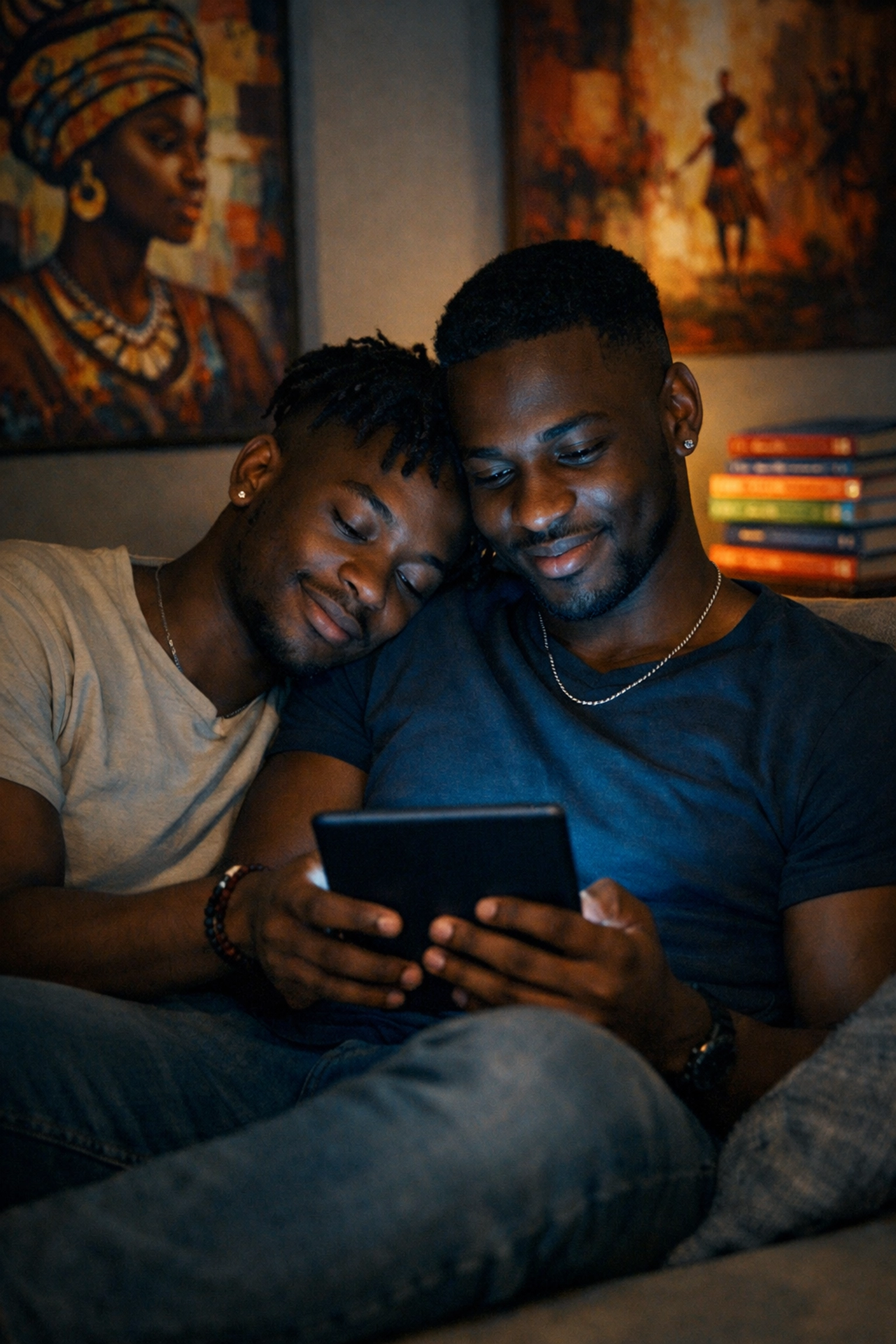 Two West African men sharing an LGBTQ+ ebook, illustrating a moment of quiet intimacy and queer joy.
