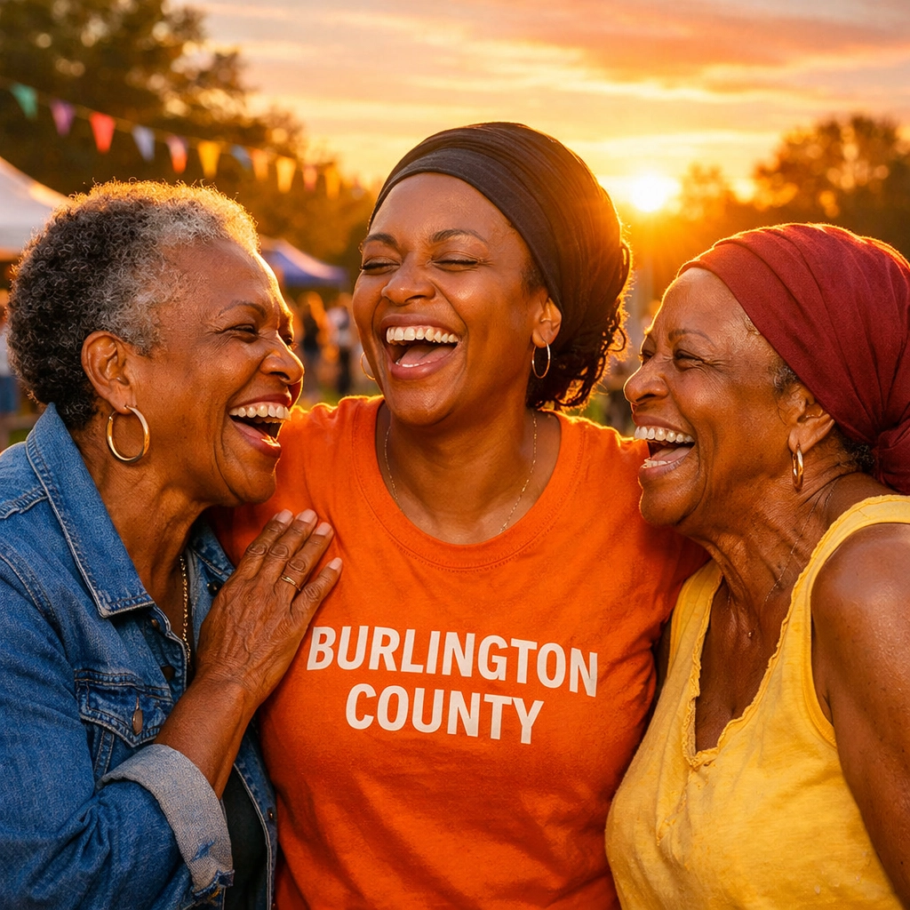 Black women and volunteers sharing joy at a Family ReBuild community event in Burlington County, NJ.