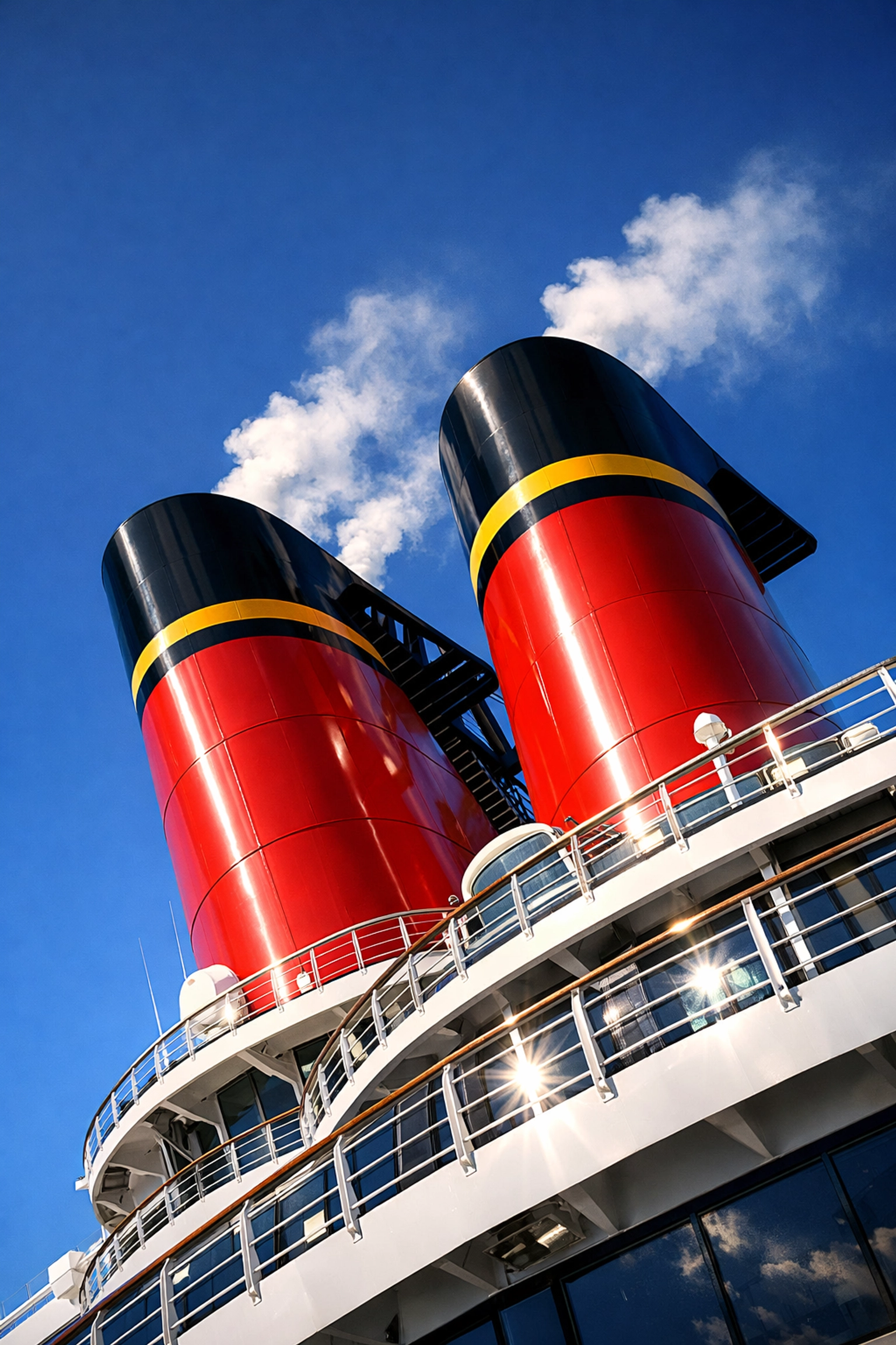 Cruise ship funnels against a clear sky, representing the rising fuel costs impacting the cruise industry.