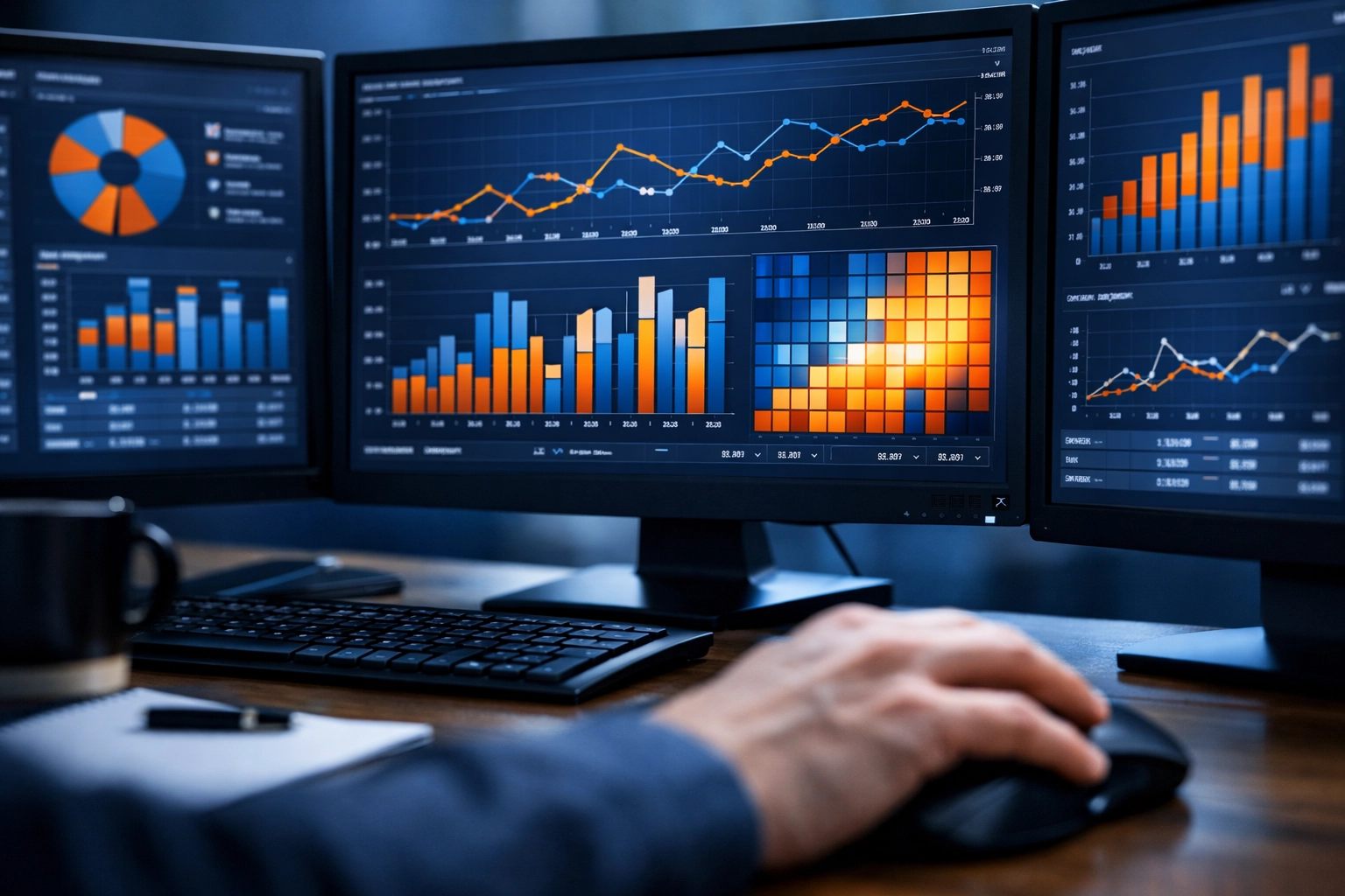 Professional data visualization charts on multi-monitor displays used for strategic business analytics.