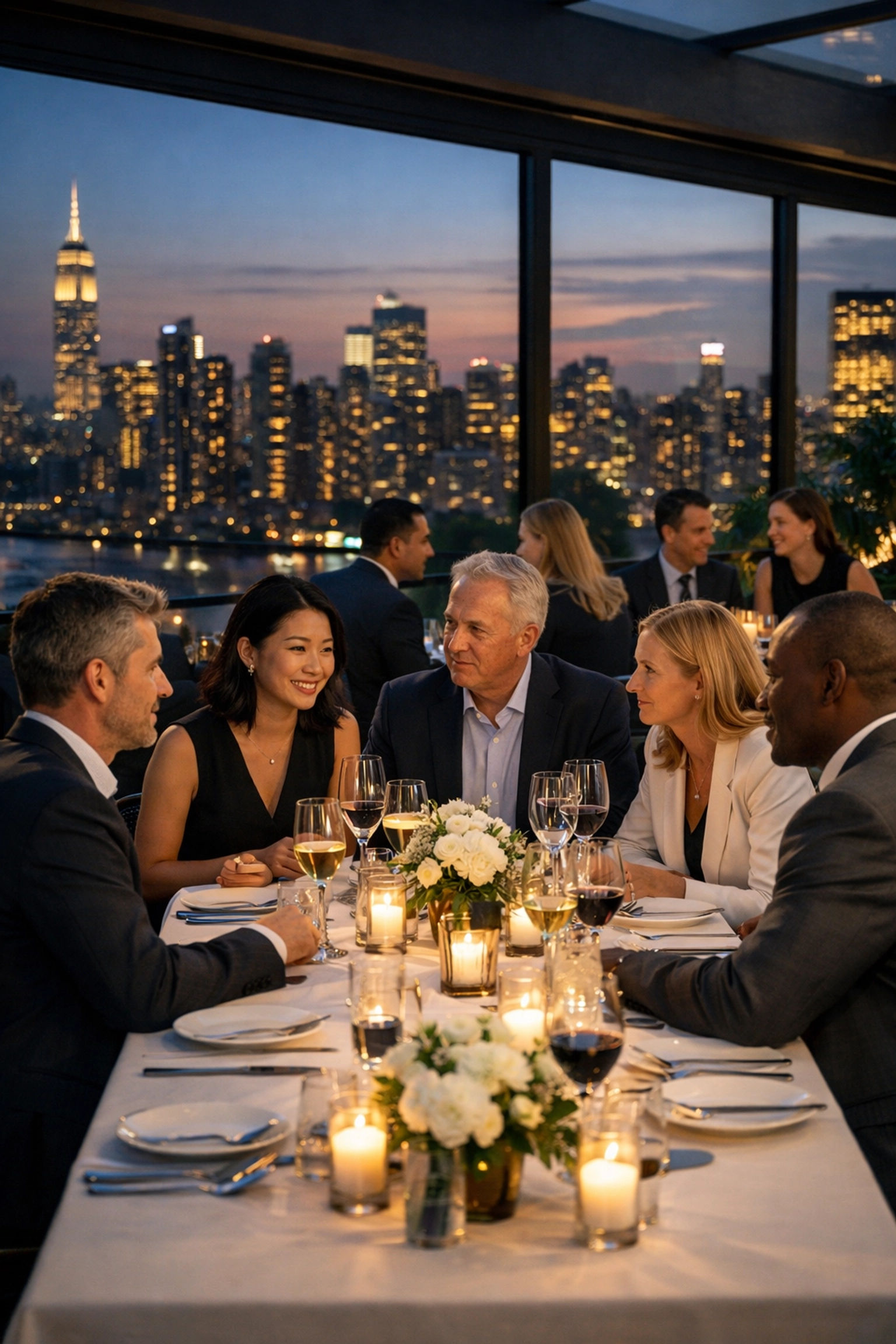 Executives networking during a luxury corporate dinner at a rooftop venue, enhancing Super Bowl brand experience.