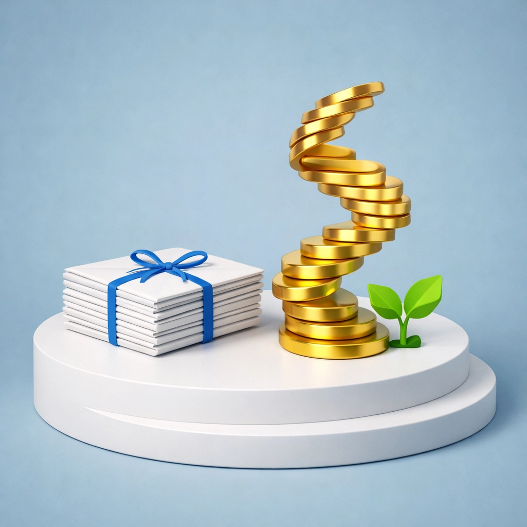 Stacked email envelopes and gold coins illustrating recurring affiliate earnings from high-quality website traffic.