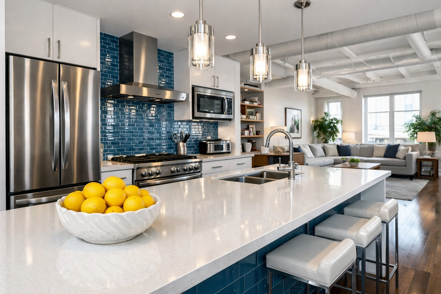 Modern open-concept loft kitchen sanitized and polished by a professional maid service Cambridge.