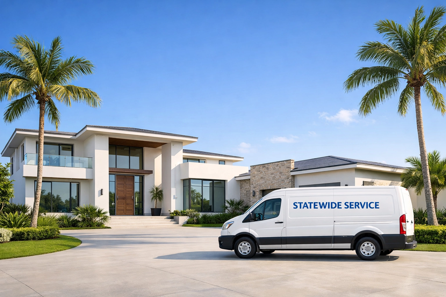 Licensed air conditioning installation Florida service vehicle parked at a residential home under palm trees.