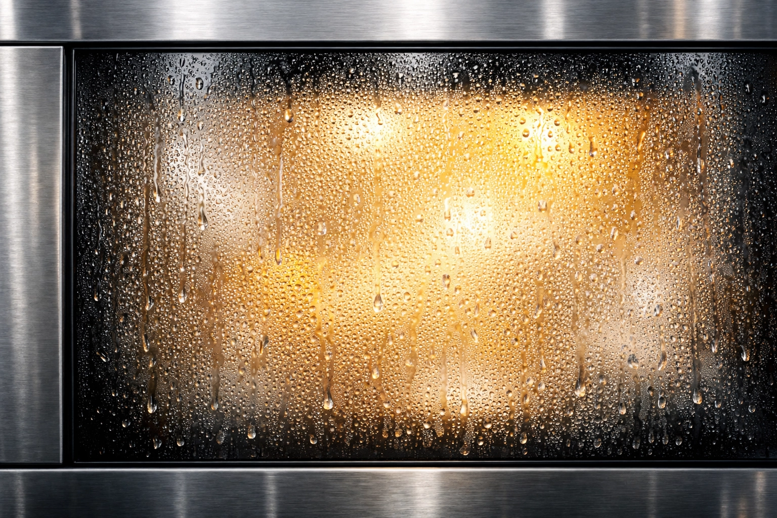 Steam and condensation buildup inside a microwave during the natural cleaning process.