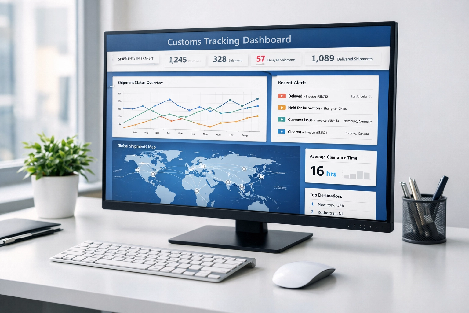 Real-time customs clearance tracking dashboard showing international shipment data
