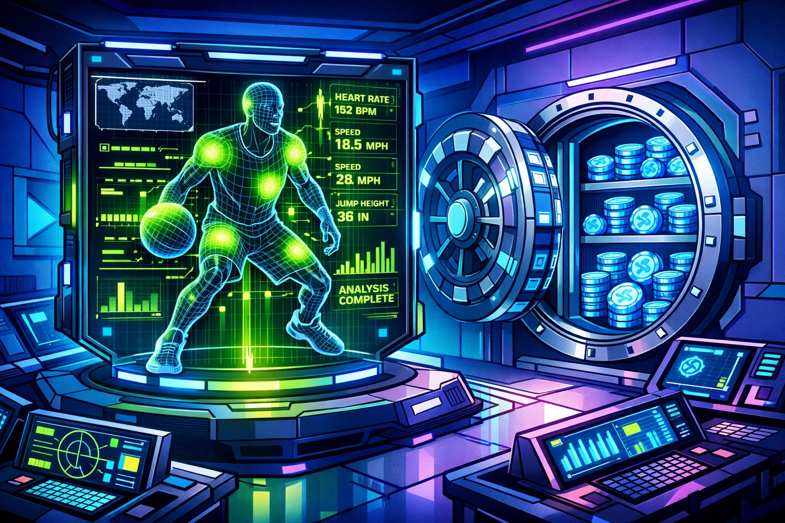 Data-driven sports investment interface scanning athlete performance for token valuation.