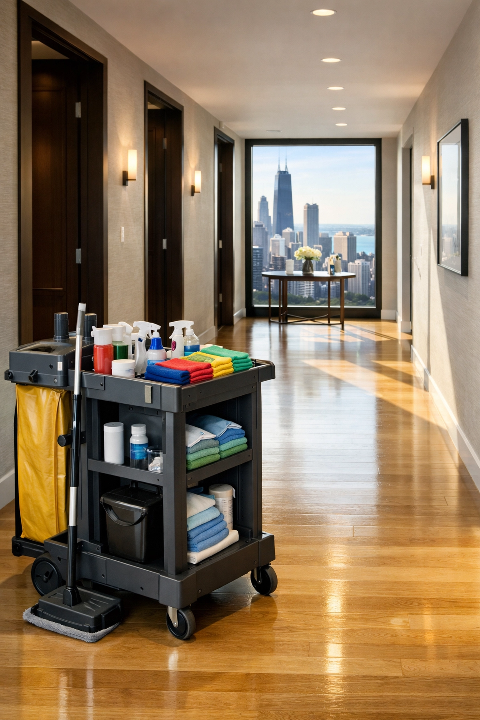 Professional janitorial cart in a bright Chicago high-rise apartment hallway after move-out cleaning.