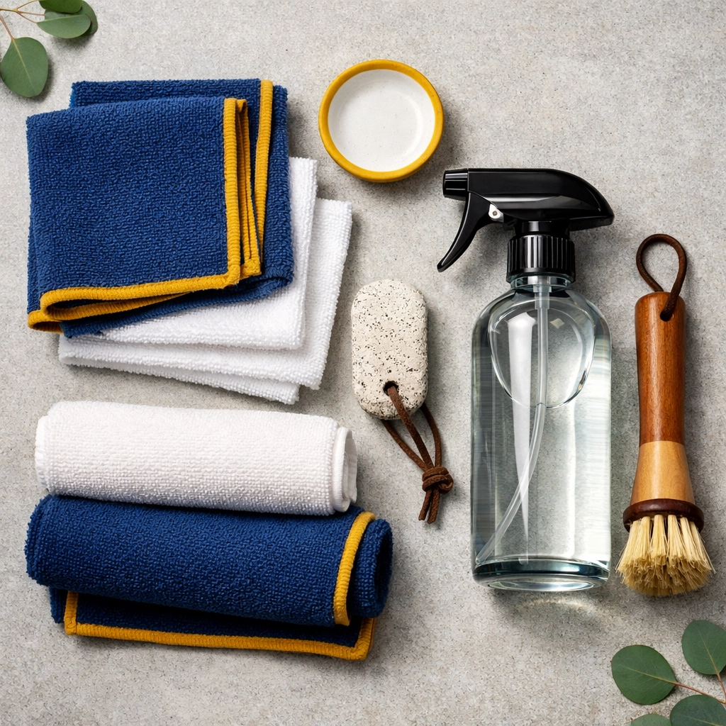 Professional cleaning supplies and toolkit including microfiber cloths for ninja-level home efficiency.