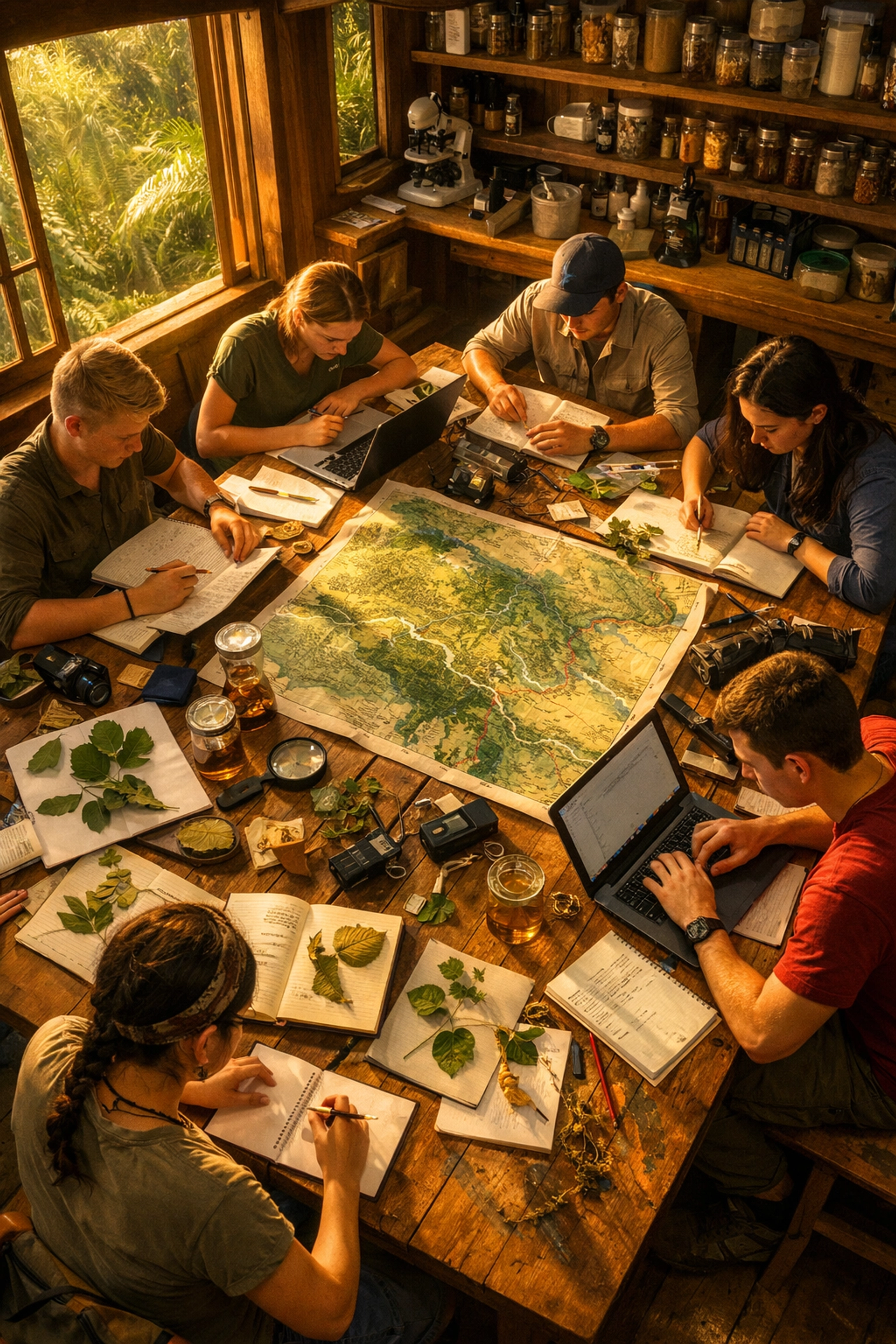 Students preparing field research plans for Amazon rainforest expedition in Peru classroom