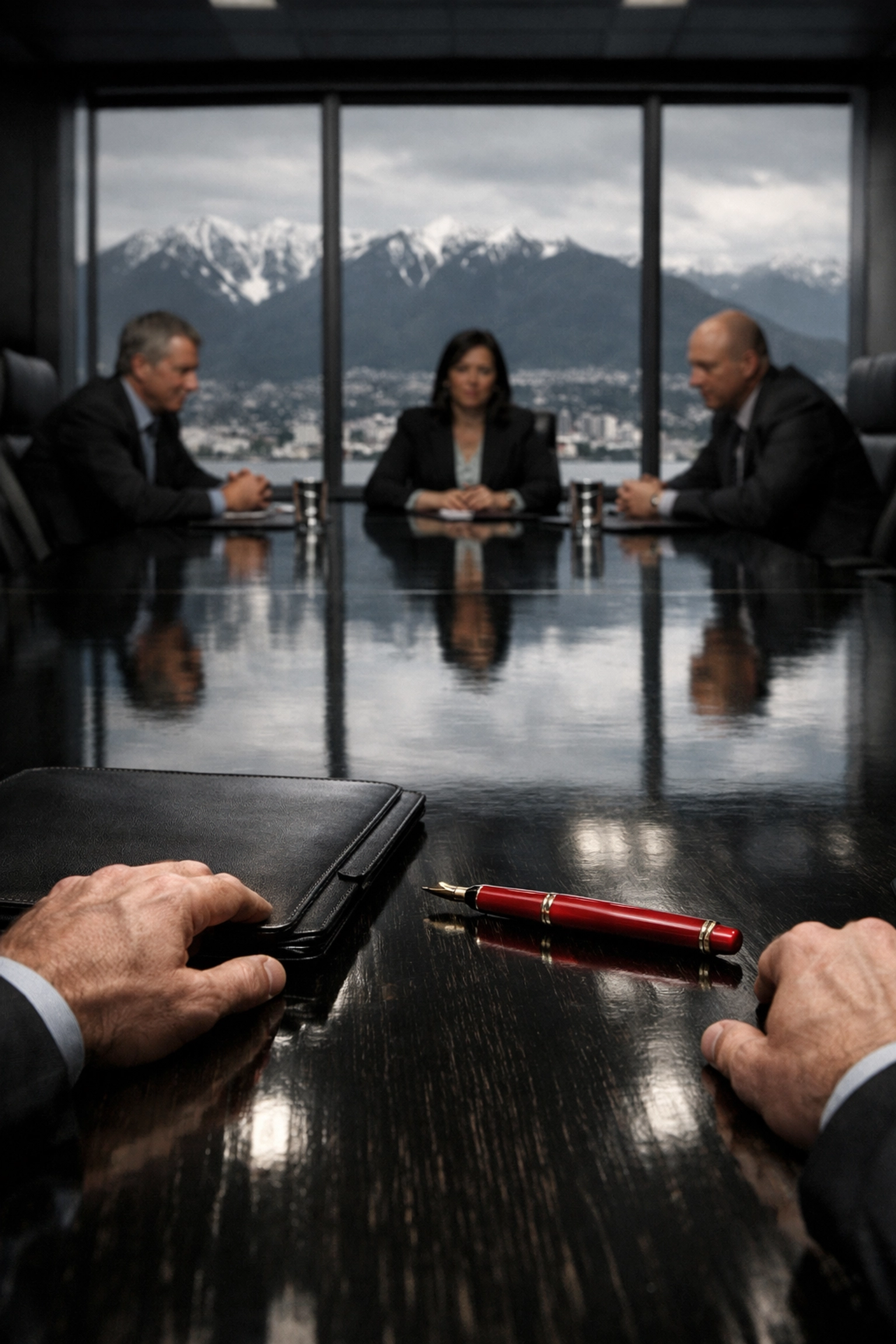 Professional boardroom setting representing land rights negotiations between the government and Cowichan Nation.