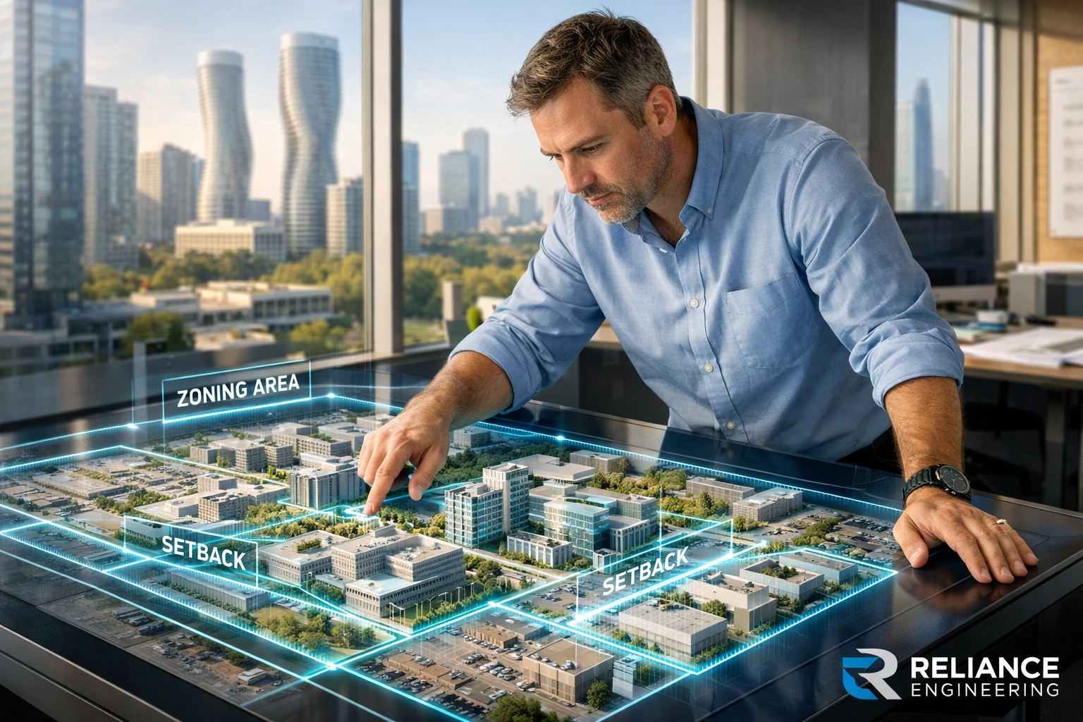 Professional engineer in Mississauga analyzing digital site plans for zoning compliance and building permit approval.