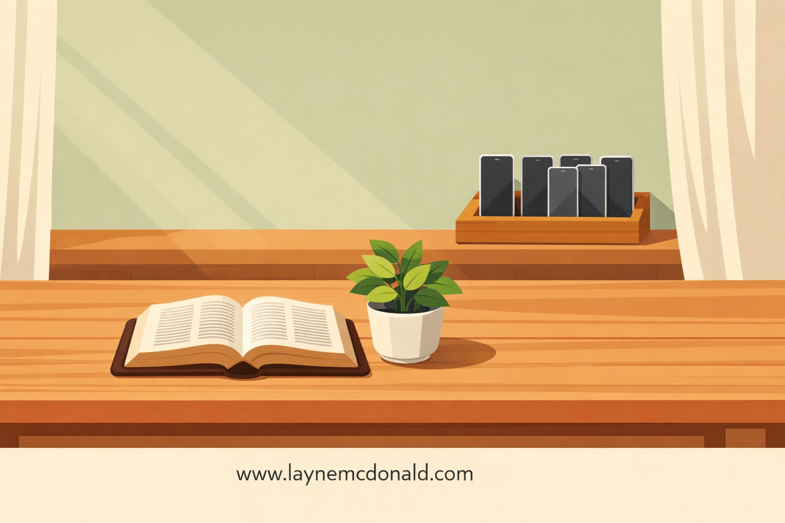 A dining table with an open Bible and phones in a background charging station representing tech-free family zones.