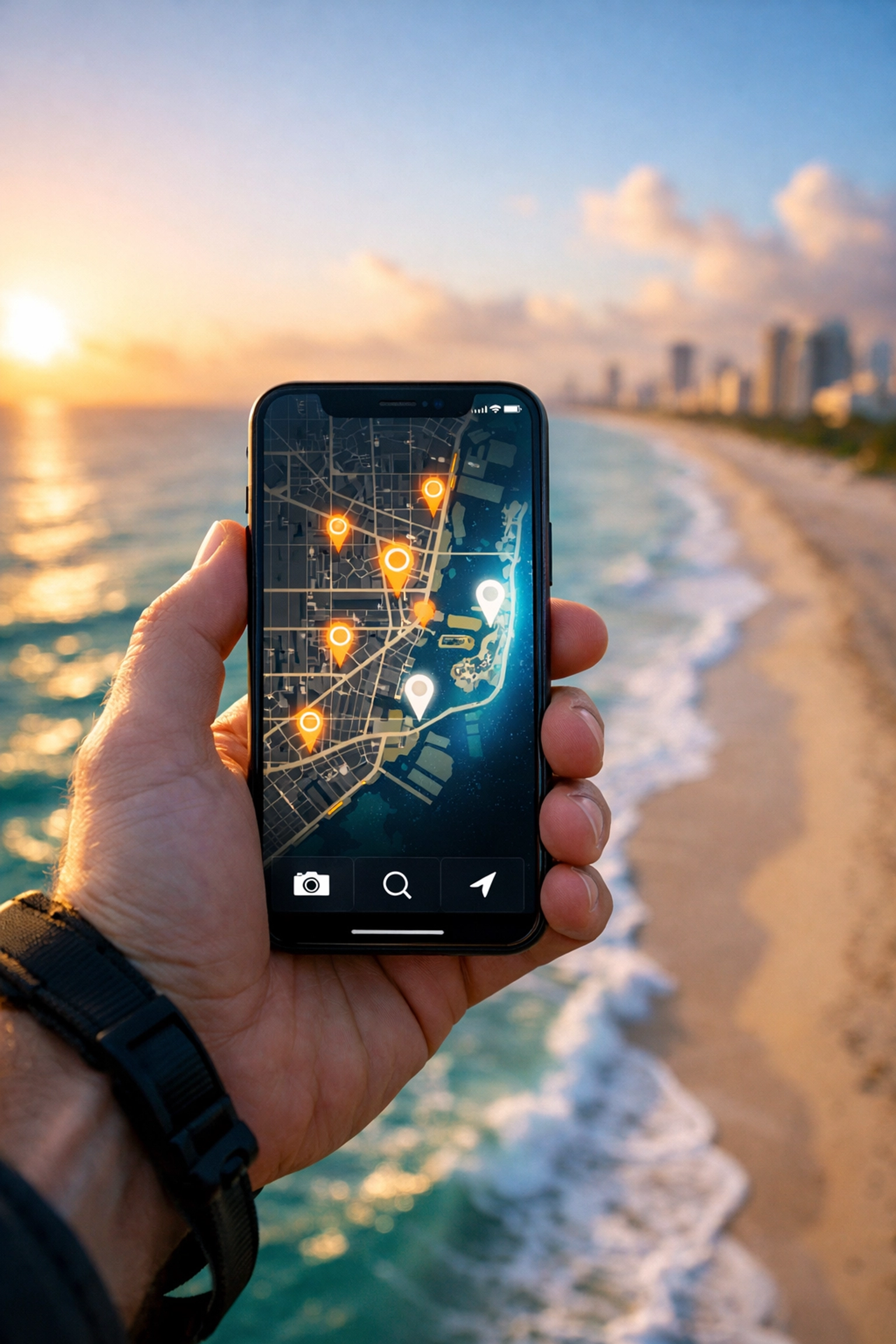 Photographer using a smartphone map to find the best photography locations at a coastal beach at sunrise.