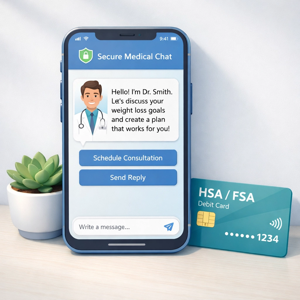 Online weight loss medication consultation on smartphone with HSA/FSA card for payment