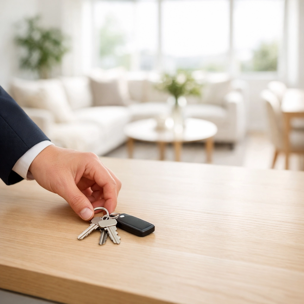 Rental keys placed on a clean kitchen counter, signaling a completed apartment make-ready process.