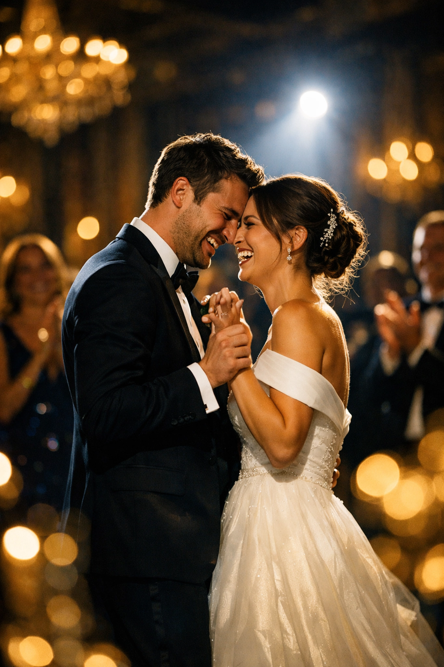 Couple sharing a romantic first dance to a custom song for their wedding in a ballroom with fairy lights.