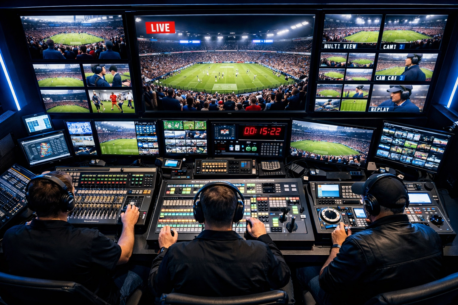Sports broadcasting control room with multiple monitors showing Super Bowl coverage and media production