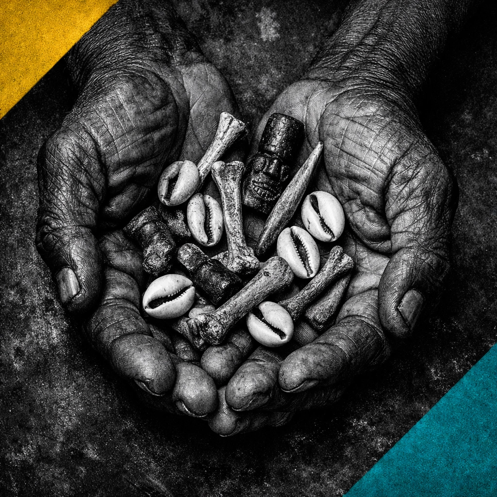 Hands holding African divination bones and cowrie shells for ancestral communication