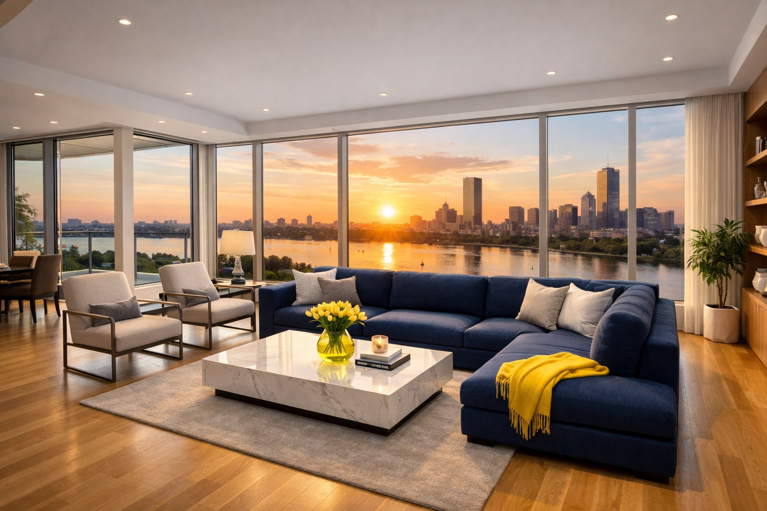 Spotless Boston penthouse living room with a blue sofa after Apartment Cleaning Massachusetts.