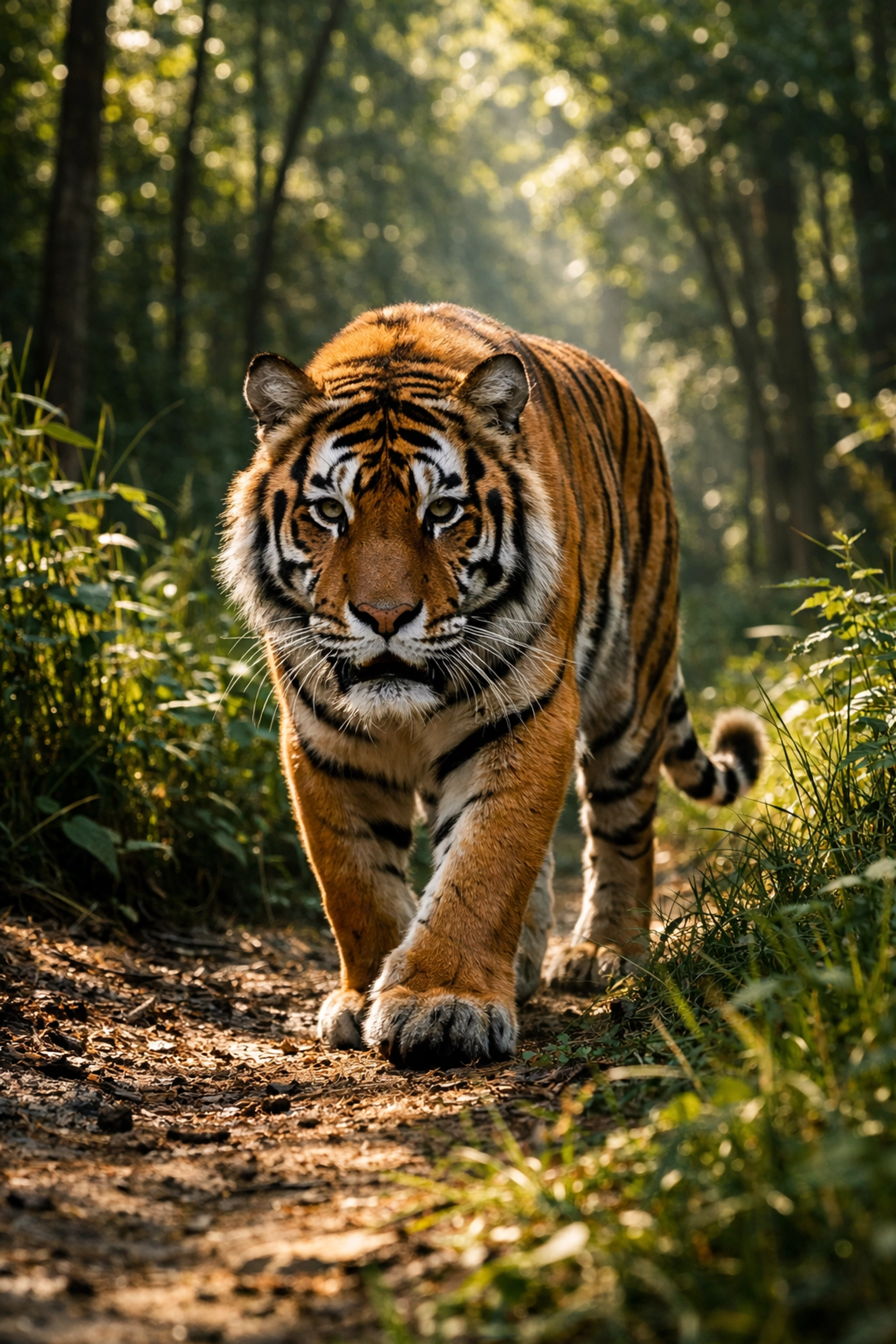 Bengal tiger walking through forest habitat supporting conservation recovery efforts