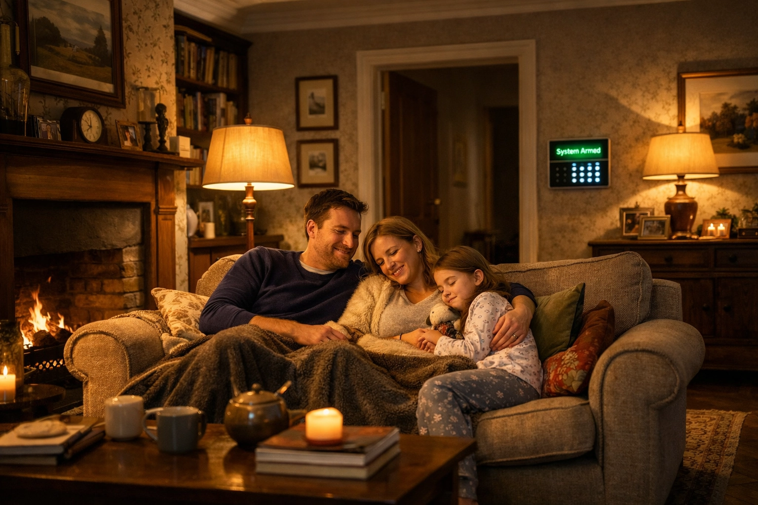 A Portsmouth family relaxing safely with a smart alarm system armed in the background.