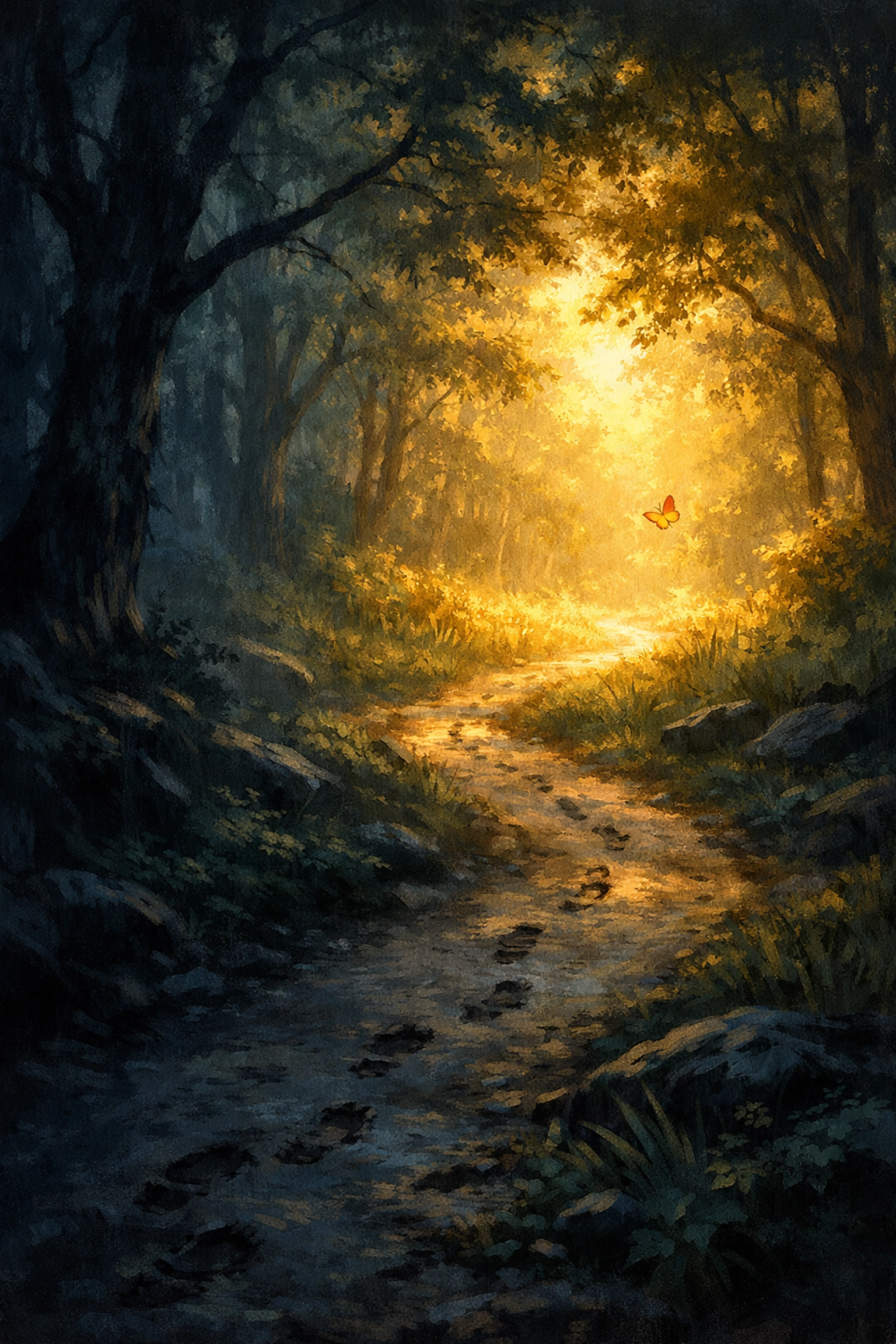 Path emerging from dark forest into sunlight showing journey from suffering to hope