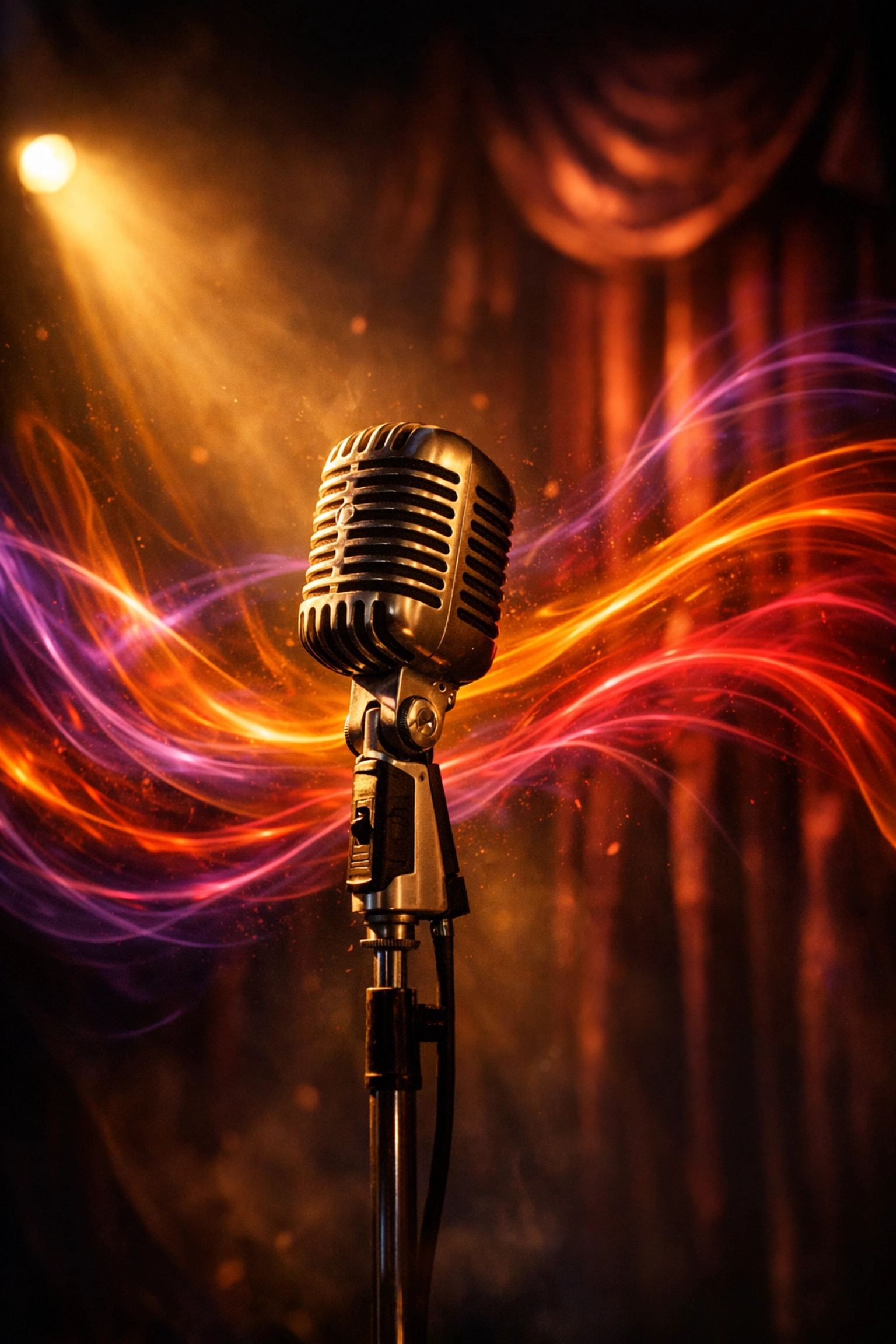 Stage microphone with flowing light representing spoken word poetry performance