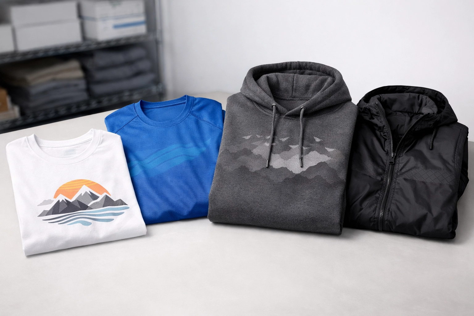 Various custom printed apparel on different fabric types including cotton and polyester