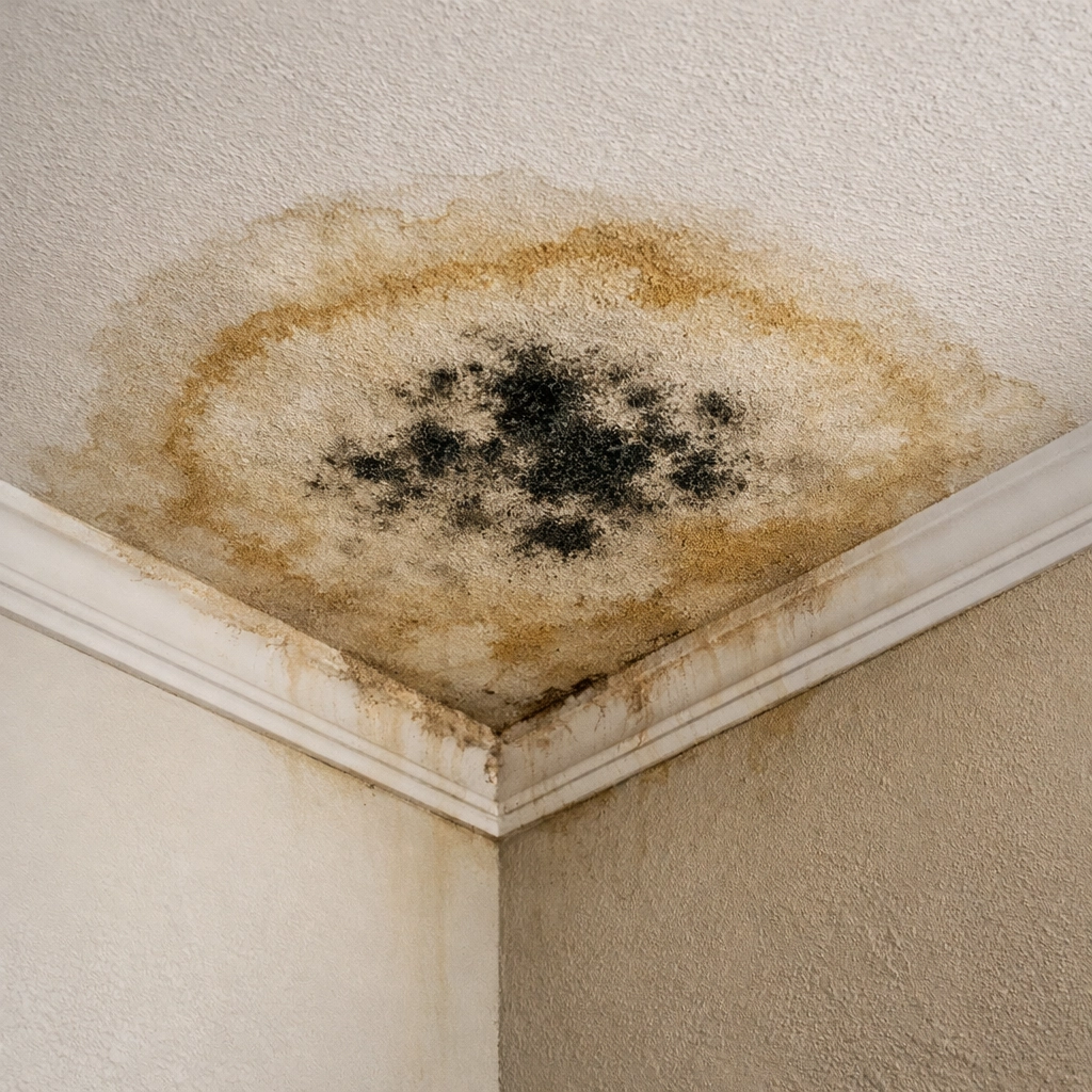 Ceiling water stain with blooming mold in an attic requiring mold remediation in Tuscaloosa.