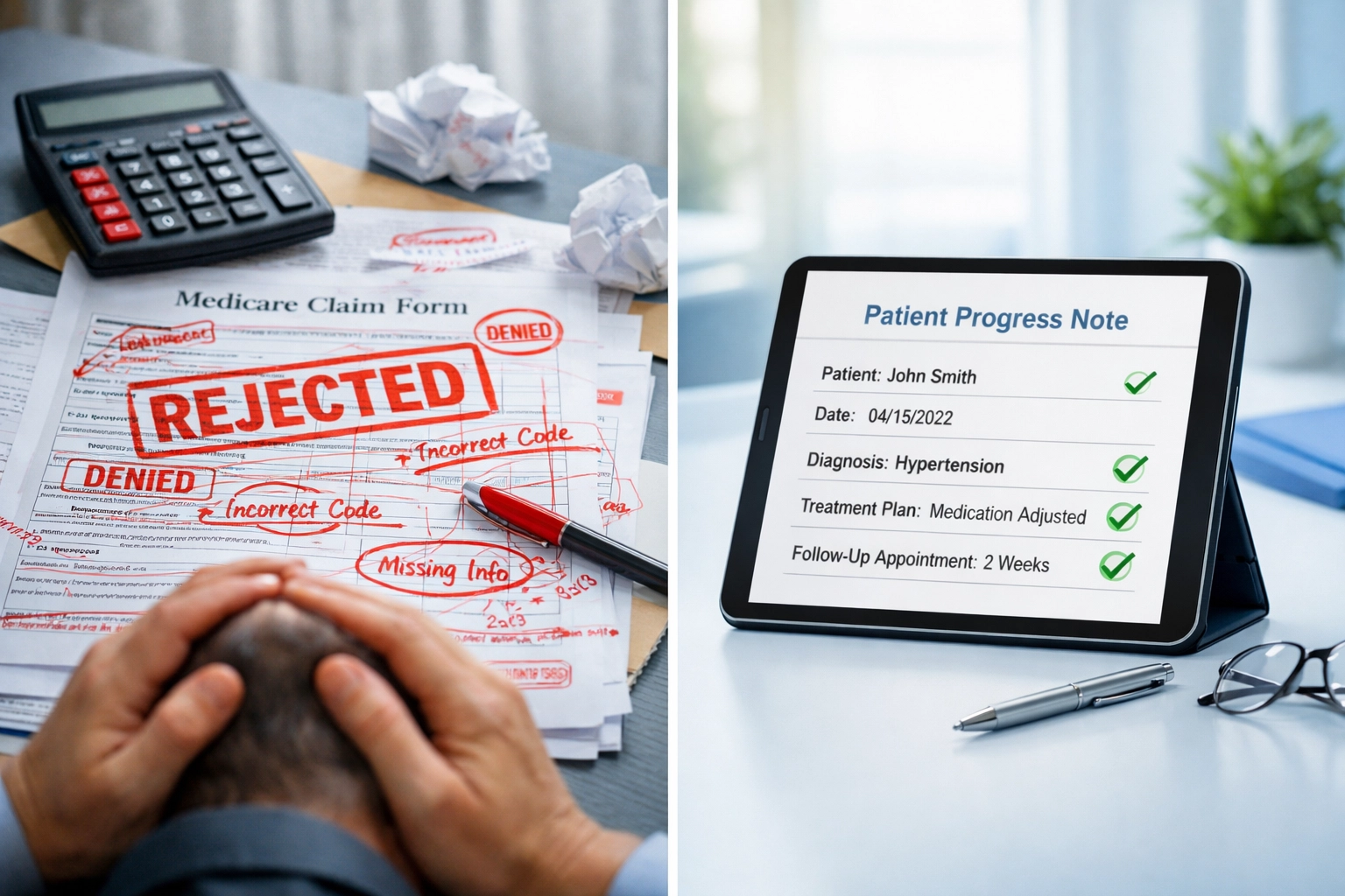 Comparison of rejected Medicare claim with compliant digital clinical documentation
