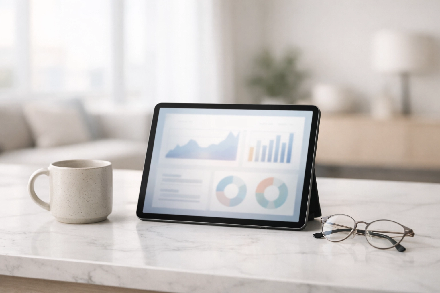 Modern office setting with a tablet displaying real estate market data for Triangle and Triad home selling strategies.